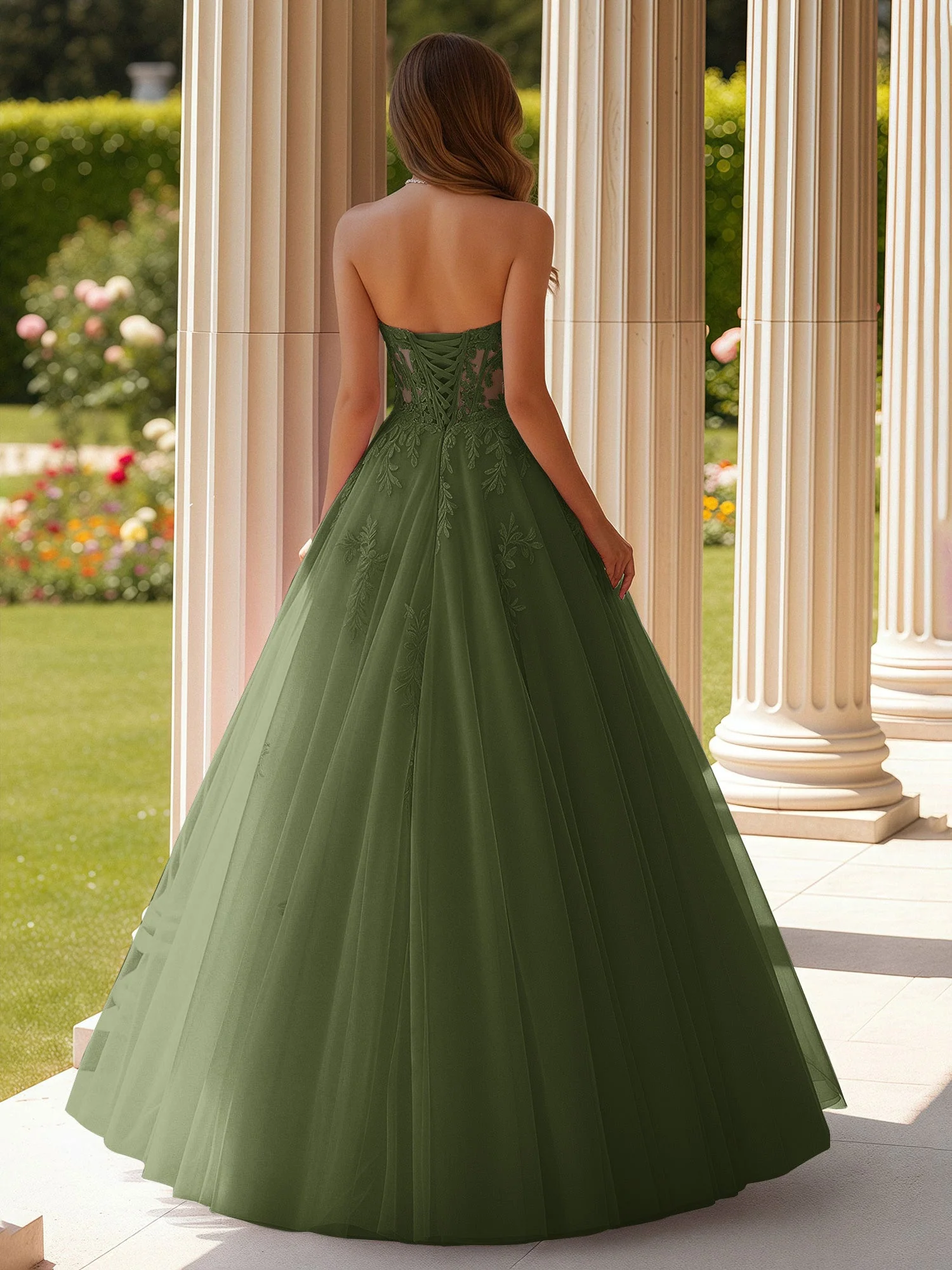 Spitze Herzform Schier Korsett Applique Tüll Kleid Olivgrün - Image 2