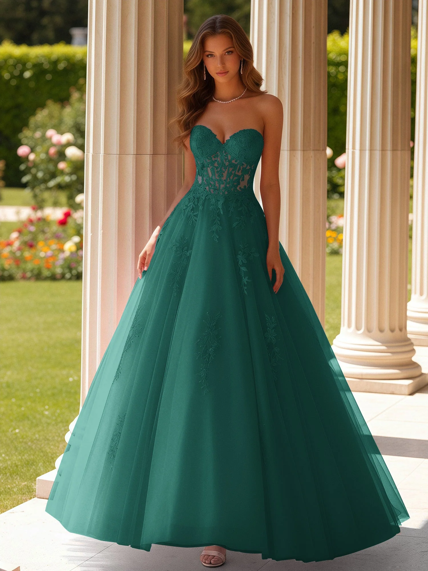 Spitze Herzform Schier Korsett Applique Tüll Kleid Pfau