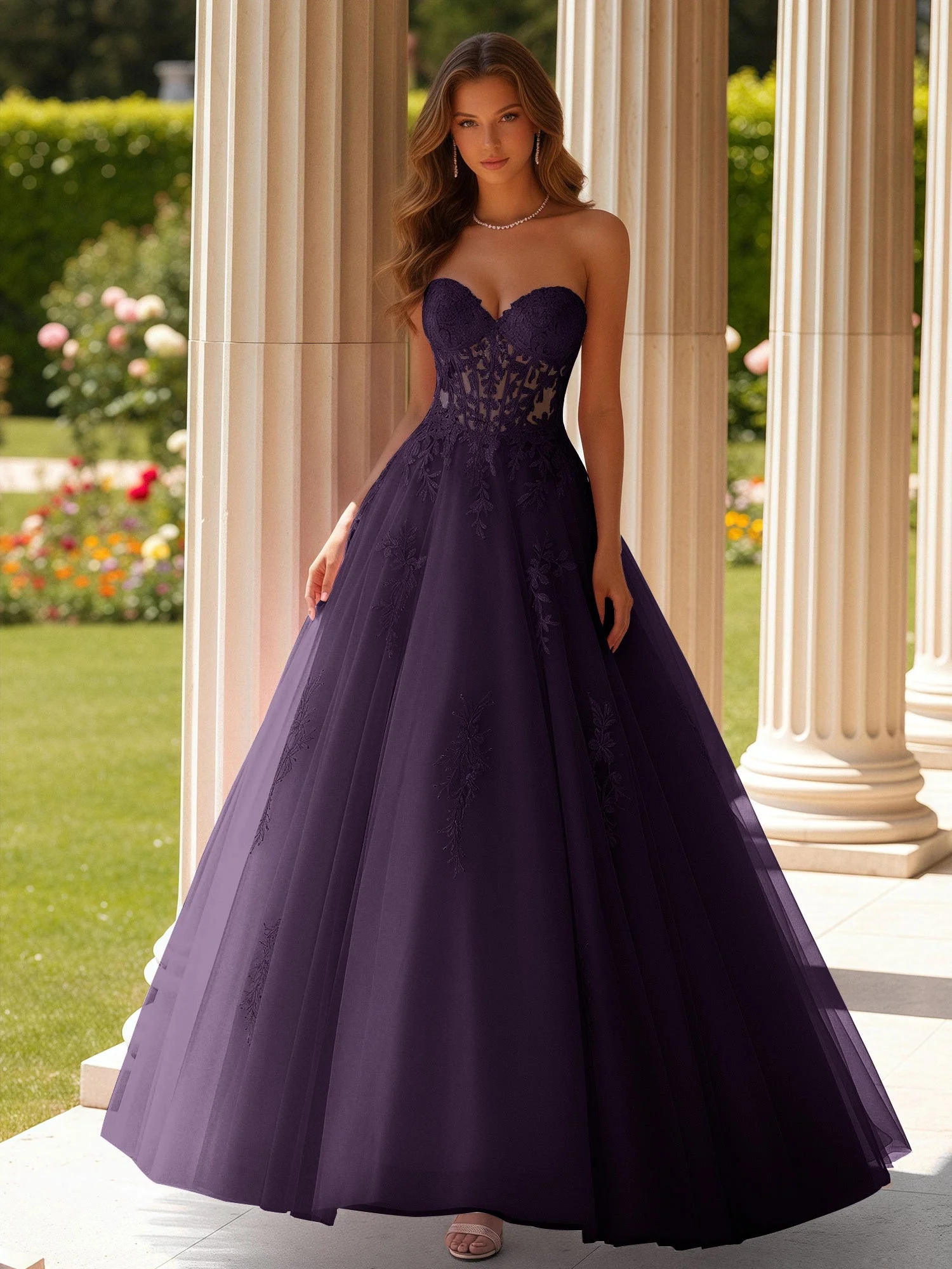 Spitze Herzform Schier Korsett Applique Tüll Kleid Plum