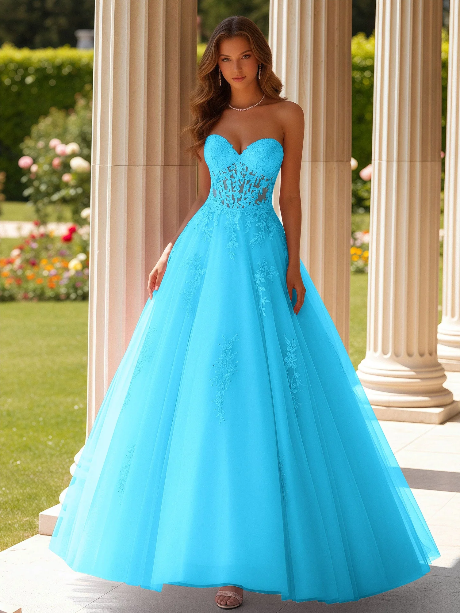 Spitze Herzform Schier Korsett Applique Tüll Kleid Schwimmbadblau