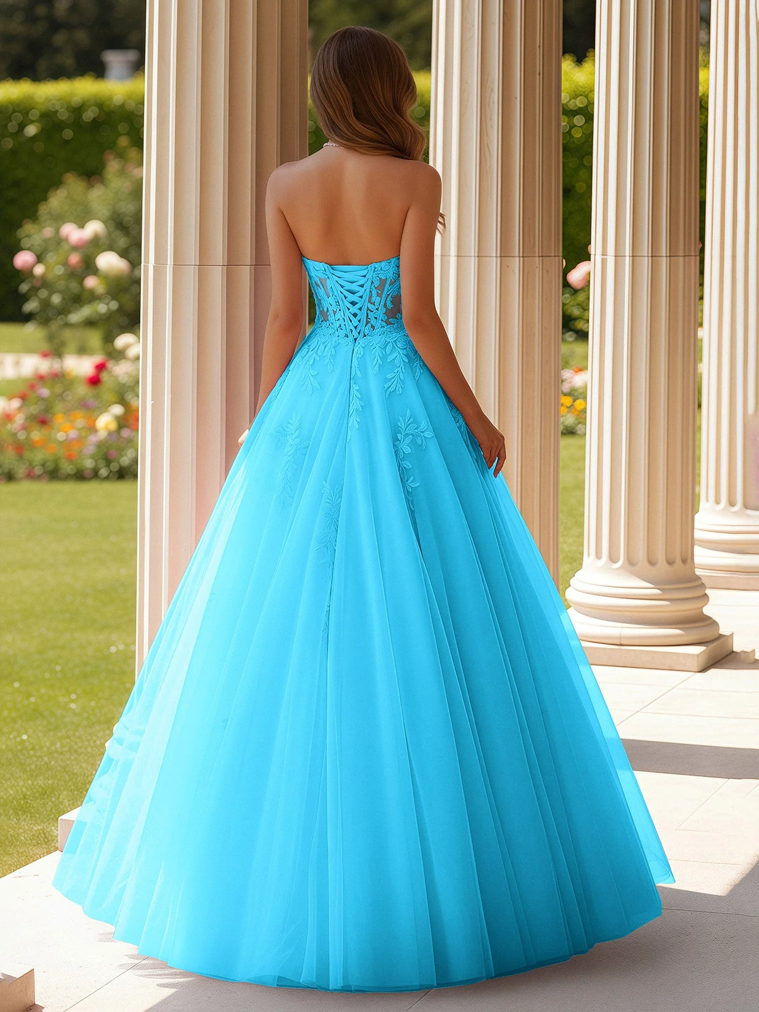 Spitze Herzform Schier Korsett Applique Tüll Kleid Schwimmbadblau - Image 2