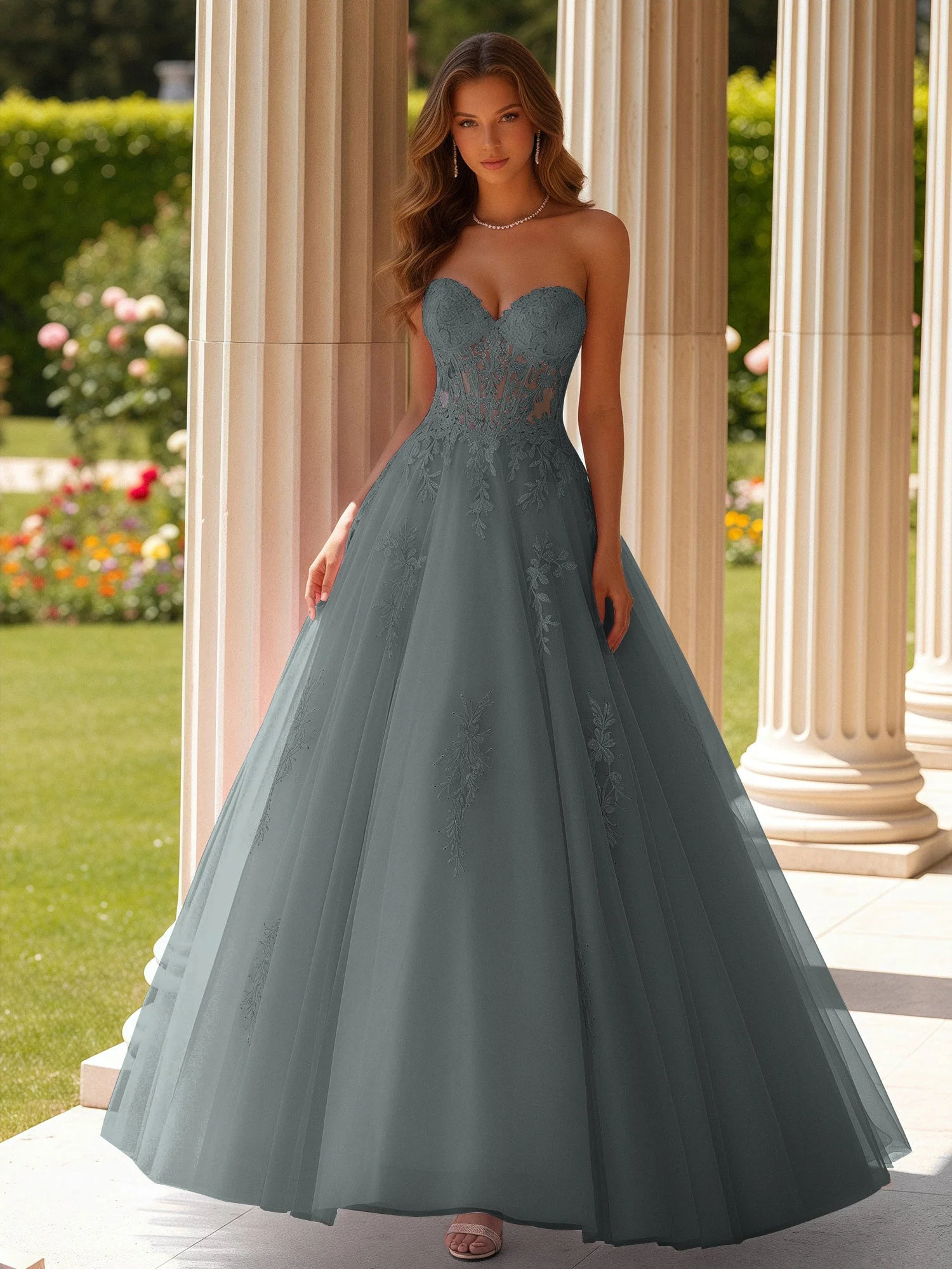 Spitze Herzform Schier Korsett Applique Tüll Kleid Stahlgrau