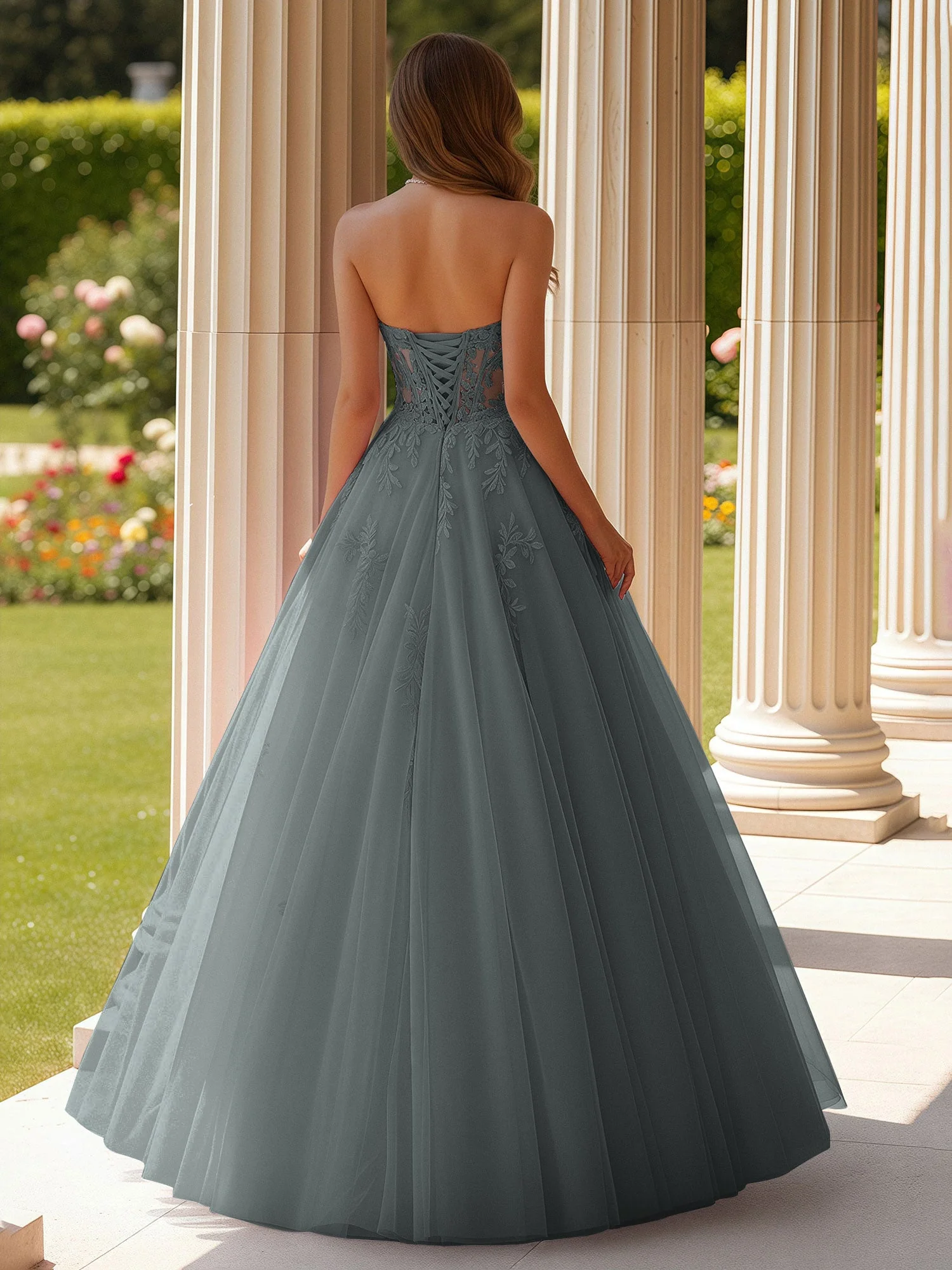 Spitze Herzform Schier Korsett Applique Tüll Kleid Stahlgrau - Image 2