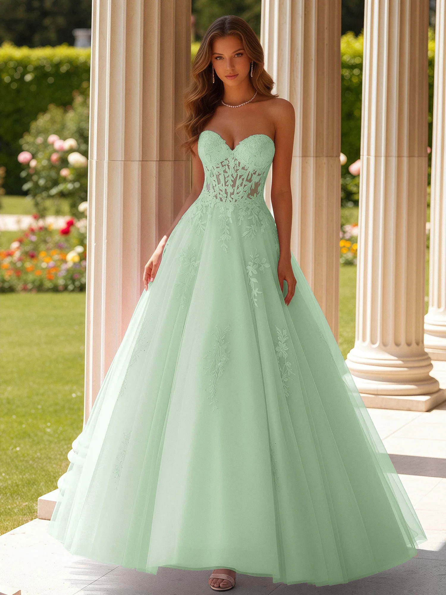 Spitze Herzform Schier Korsett Applique Tüll Kleid Staubiges Salbei