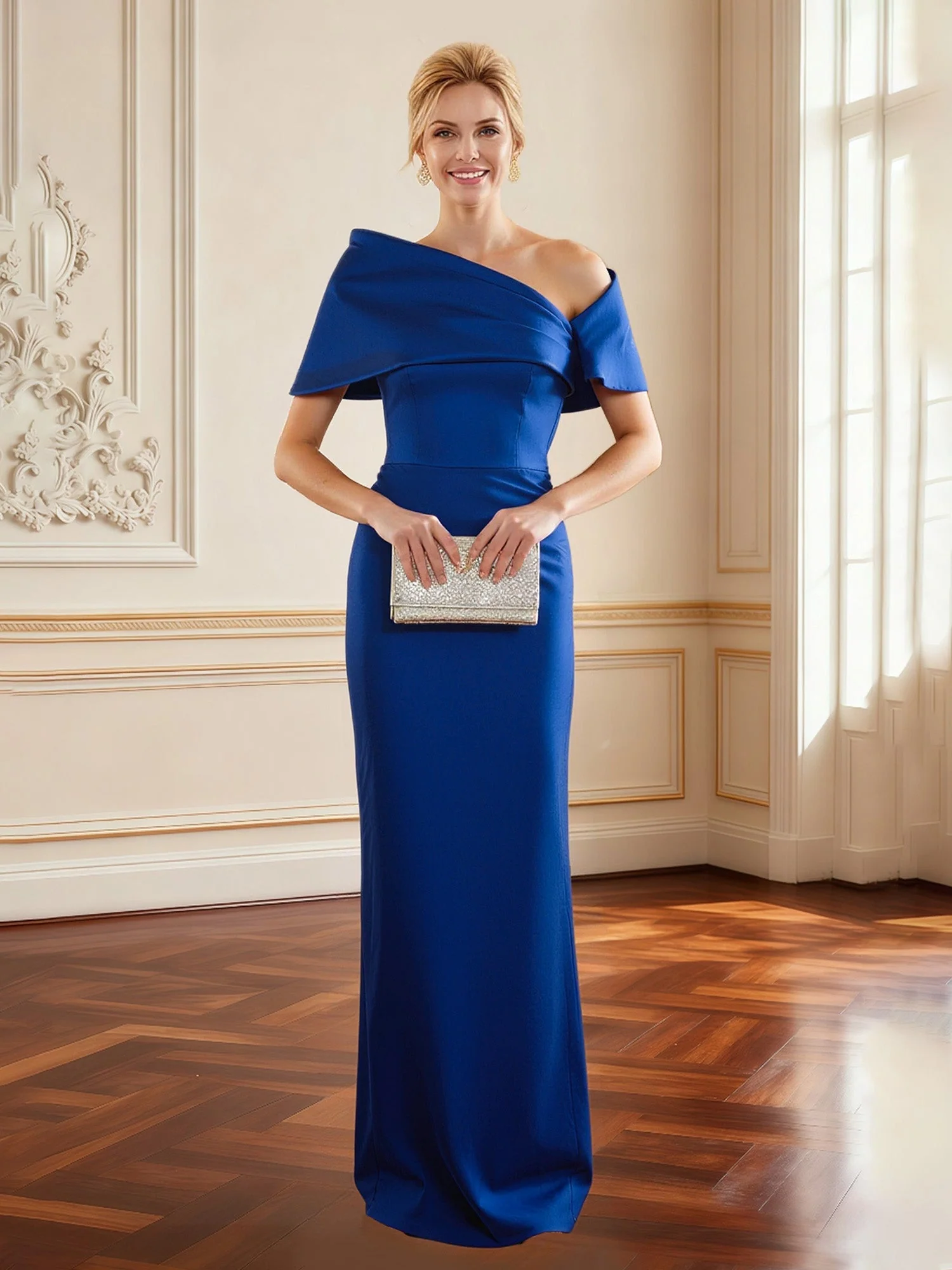 Asymmetrisch Schulterfrei Drapiert Lang Kleid Dunkelgrün