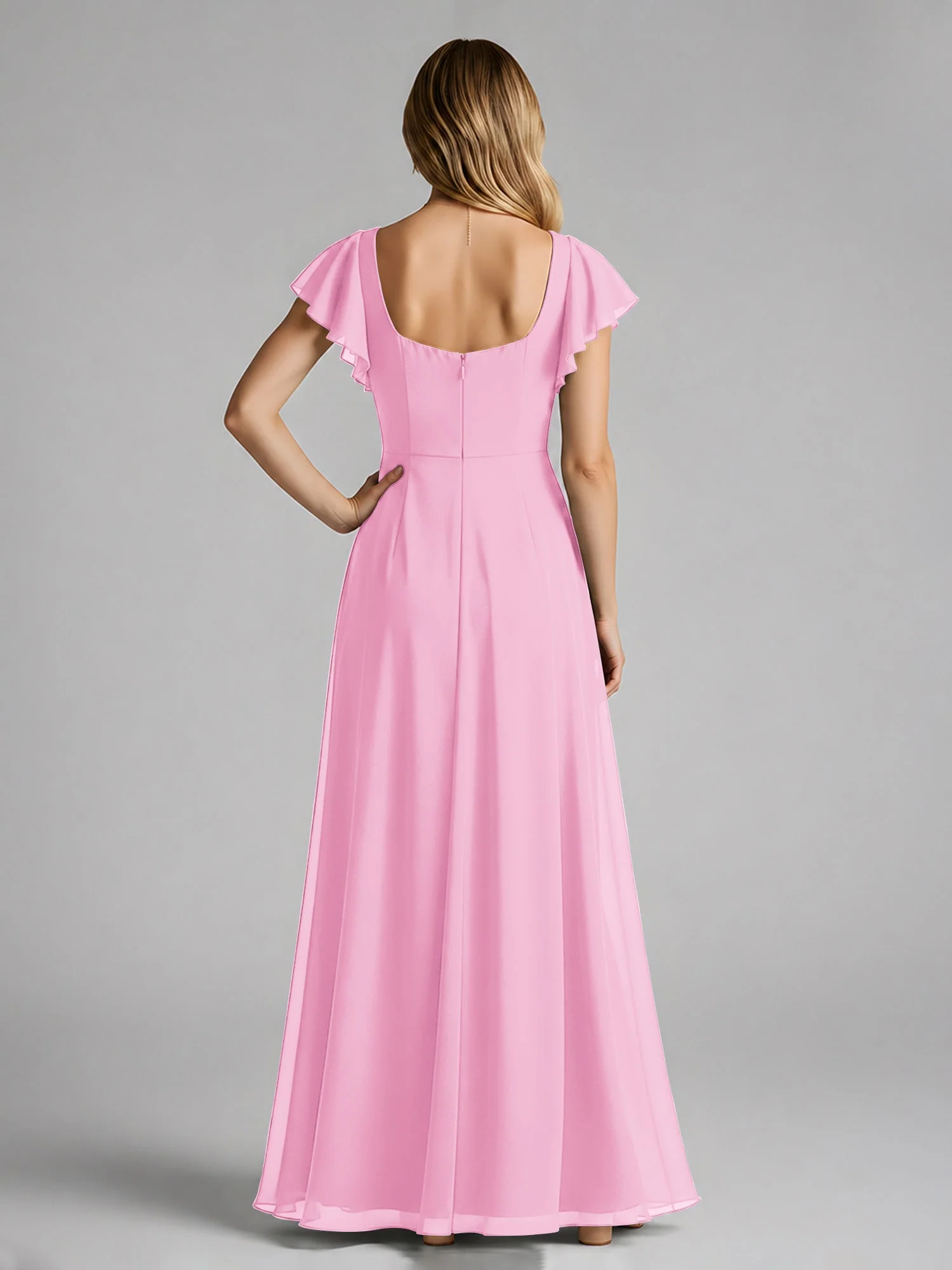 Chiffon Quadratischer Ausschnitt Flatterärmel Kleid mit Schlitz Bonbonrosa - Image 2