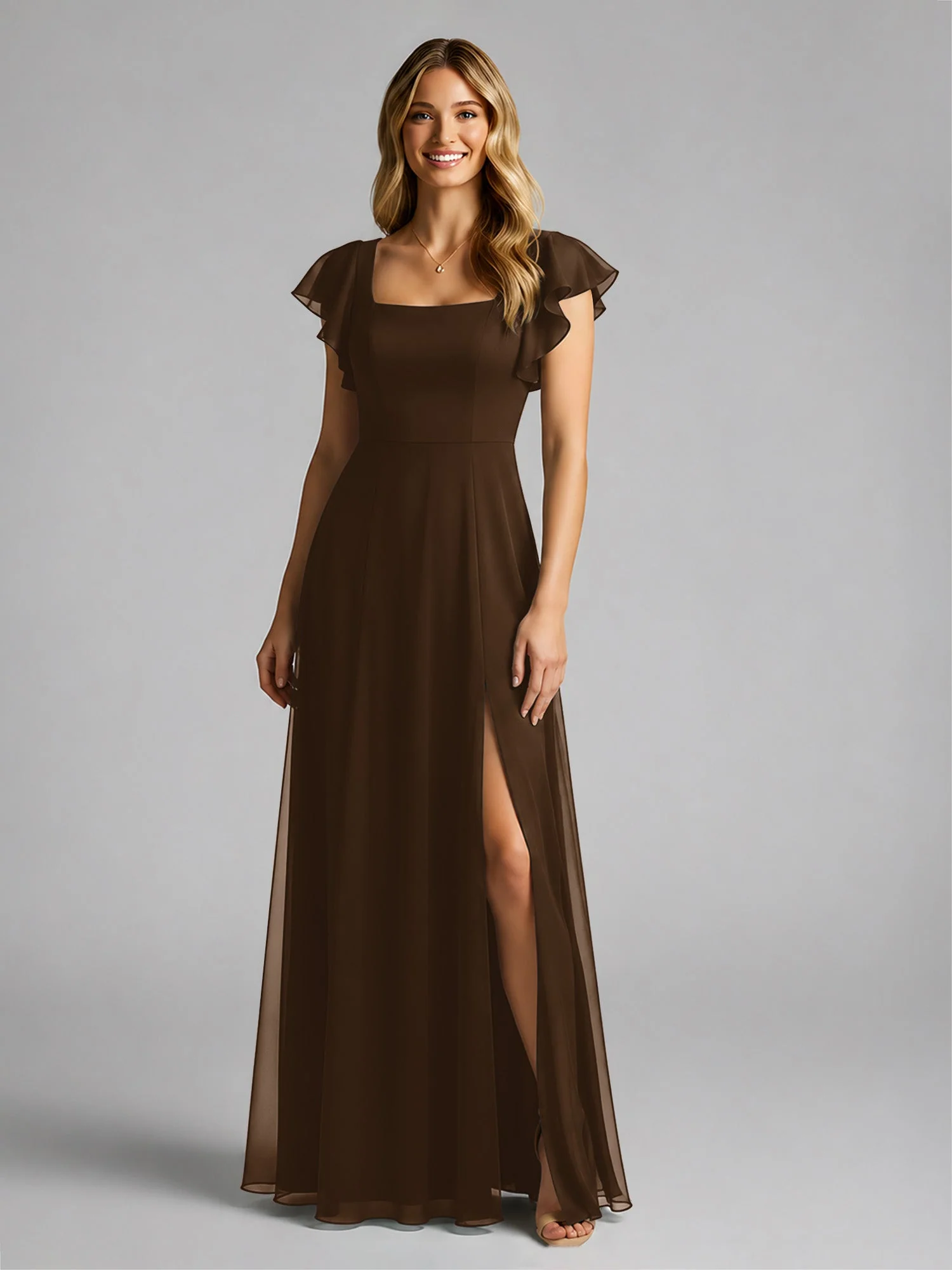 Chiffon Quadratischer Ausschnitt Flatterärmel Kleid mit Schlitz Braun - Image 3