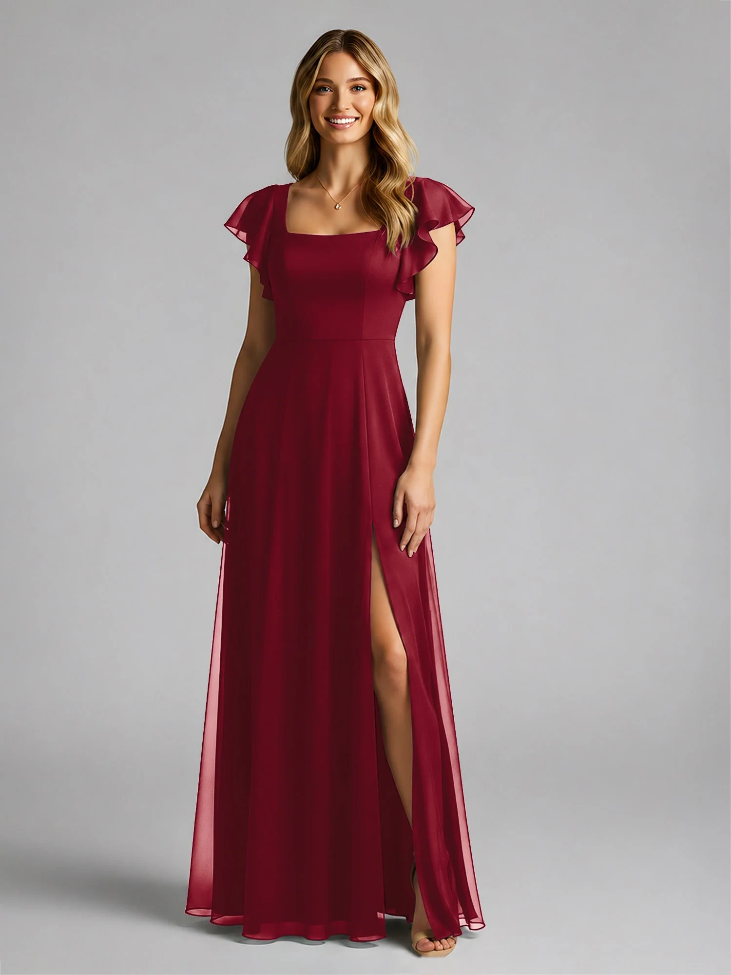 Chiffon Quadratischer Ausschnitt Flatterärmel Kleid mit Schlitz Burgunderrot - Image 3