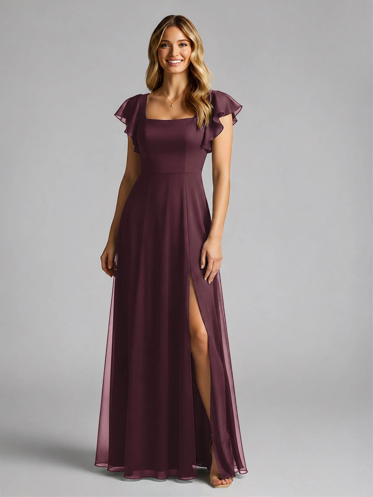 Chiffon Quadratischer Ausschnitt Flatterärmel Kleid mit Schlitz Cabernet - Image 3
