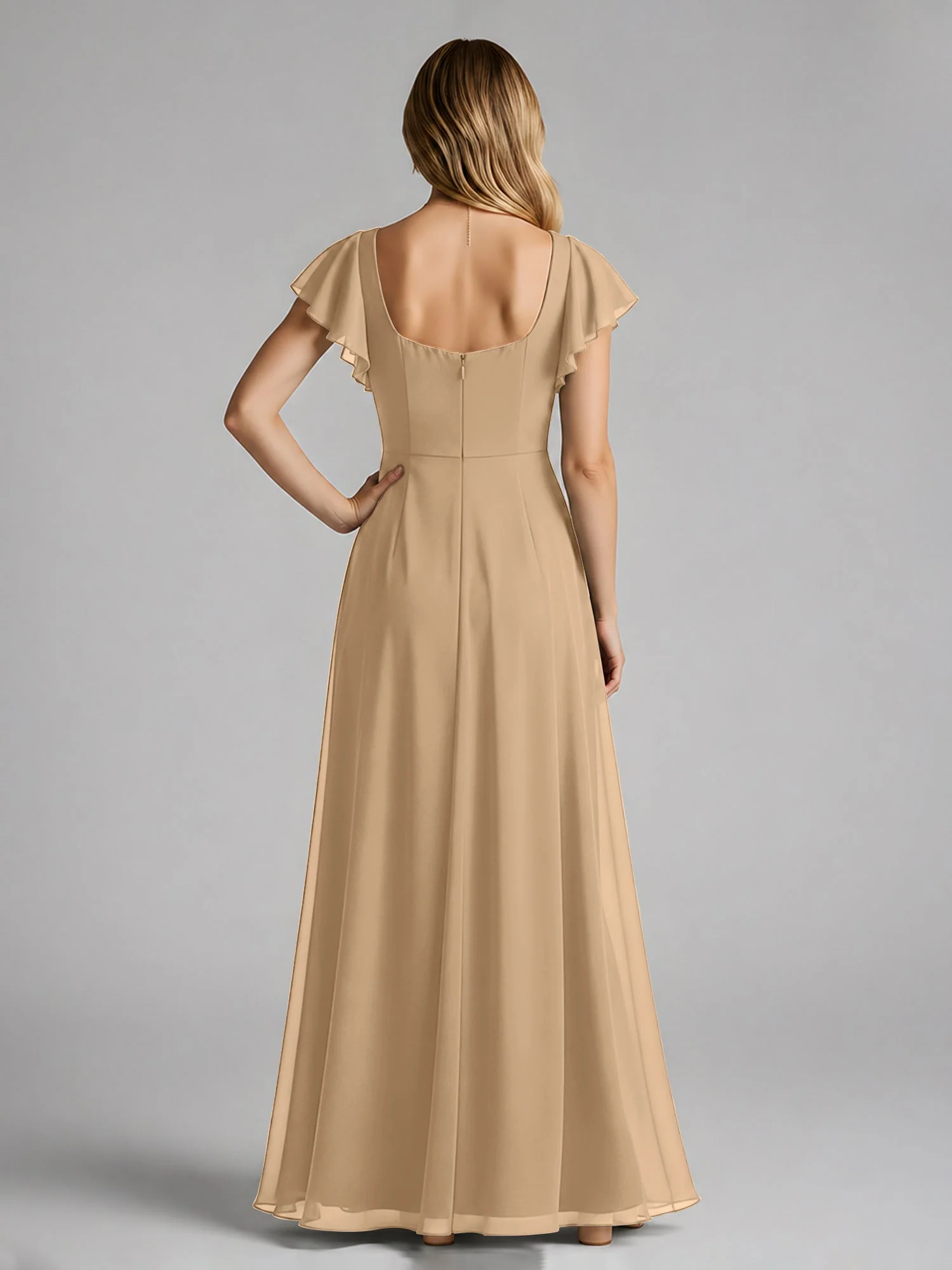 Chiffon Quadratischer Ausschnitt Flatterärmel Kleid mit Schlitz Champagner - Image 2