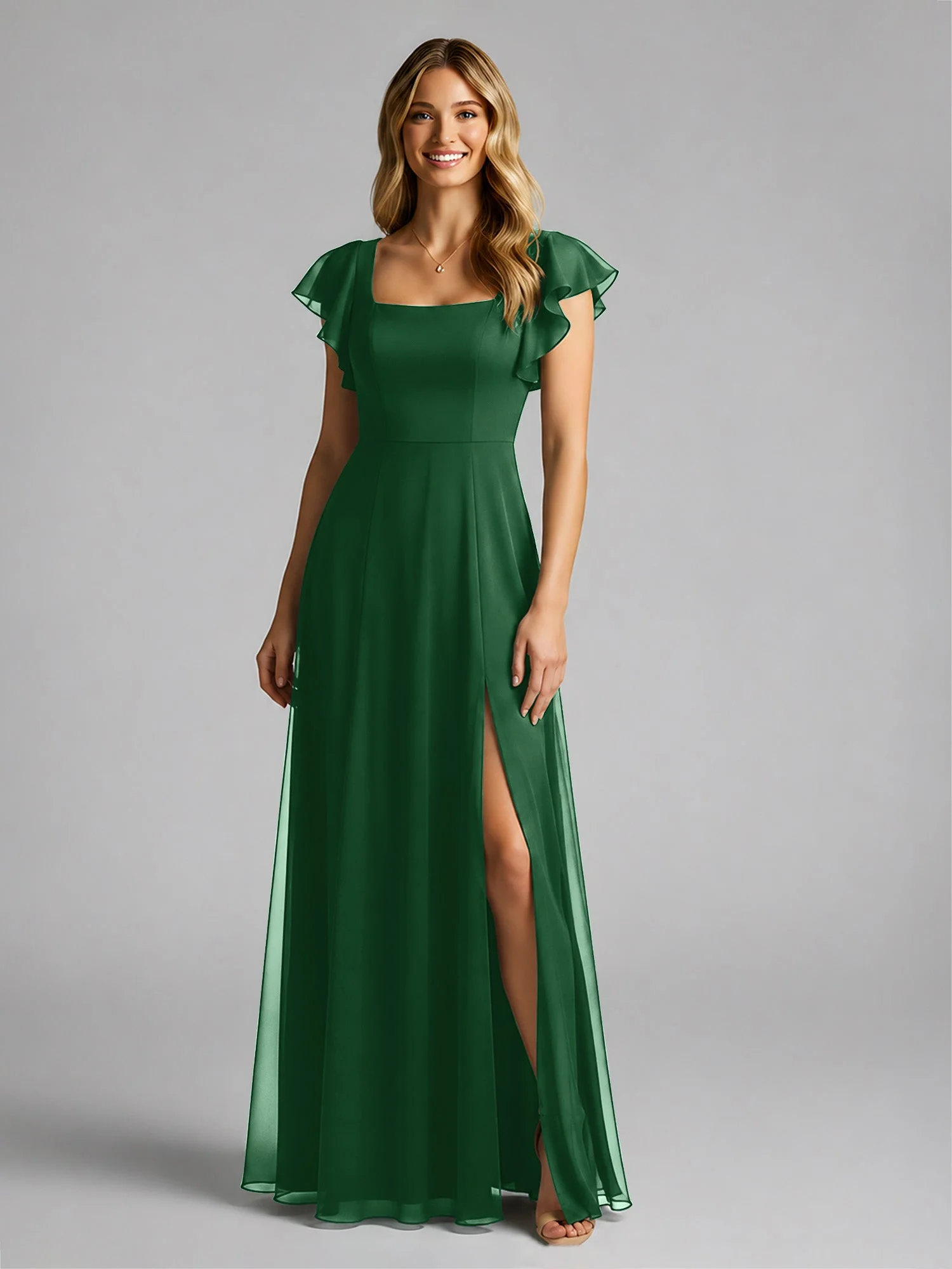 Chiffon Quadratischer Ausschnitt Flatterärmel Kleid mit Schlitz Dunkelgrün - Image 3