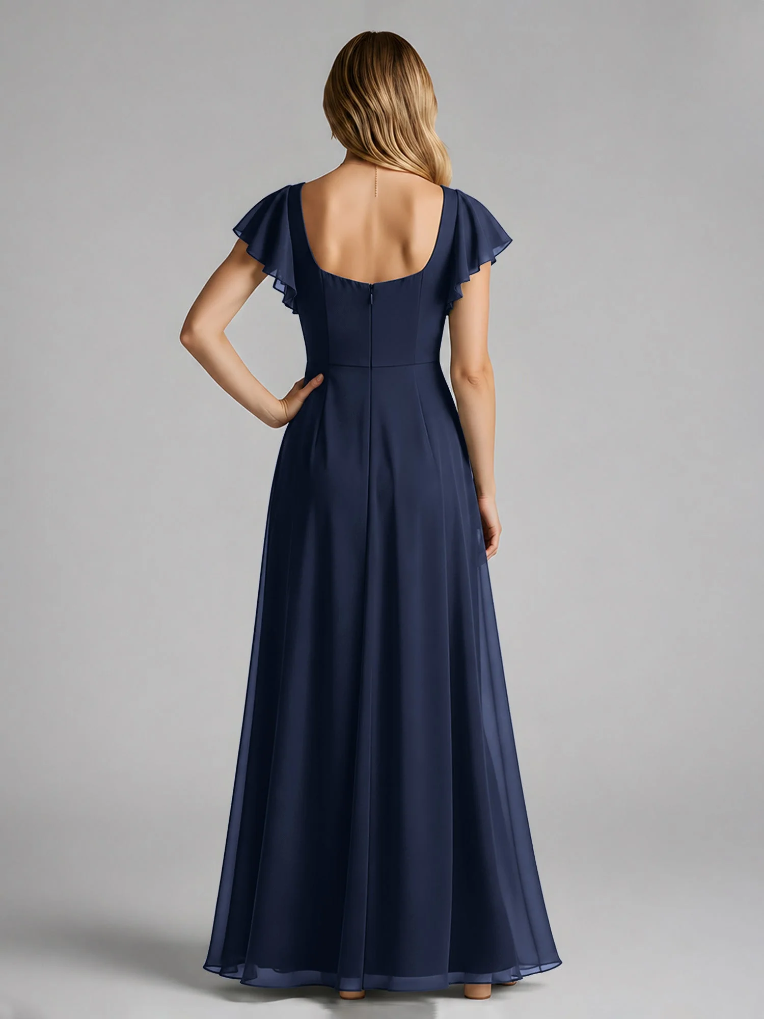 Chiffon Quadratischer Ausschnitt Flatterärmel Kleid mit Schlitz Dunkelmarine - Image 2