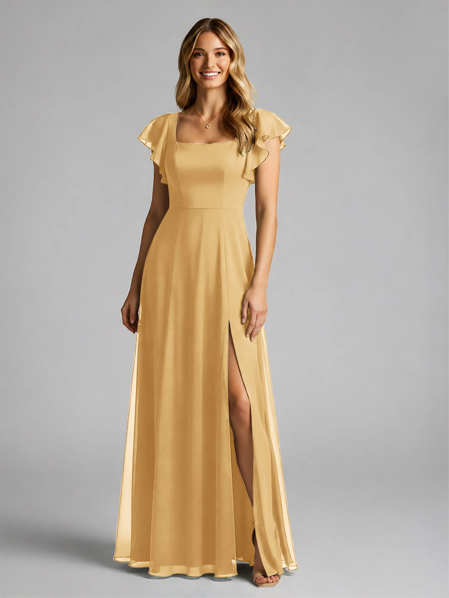Chiffon Quadratischer Ausschnitt Flatterärmel Kleid mit Schlitz Gold - Image 3