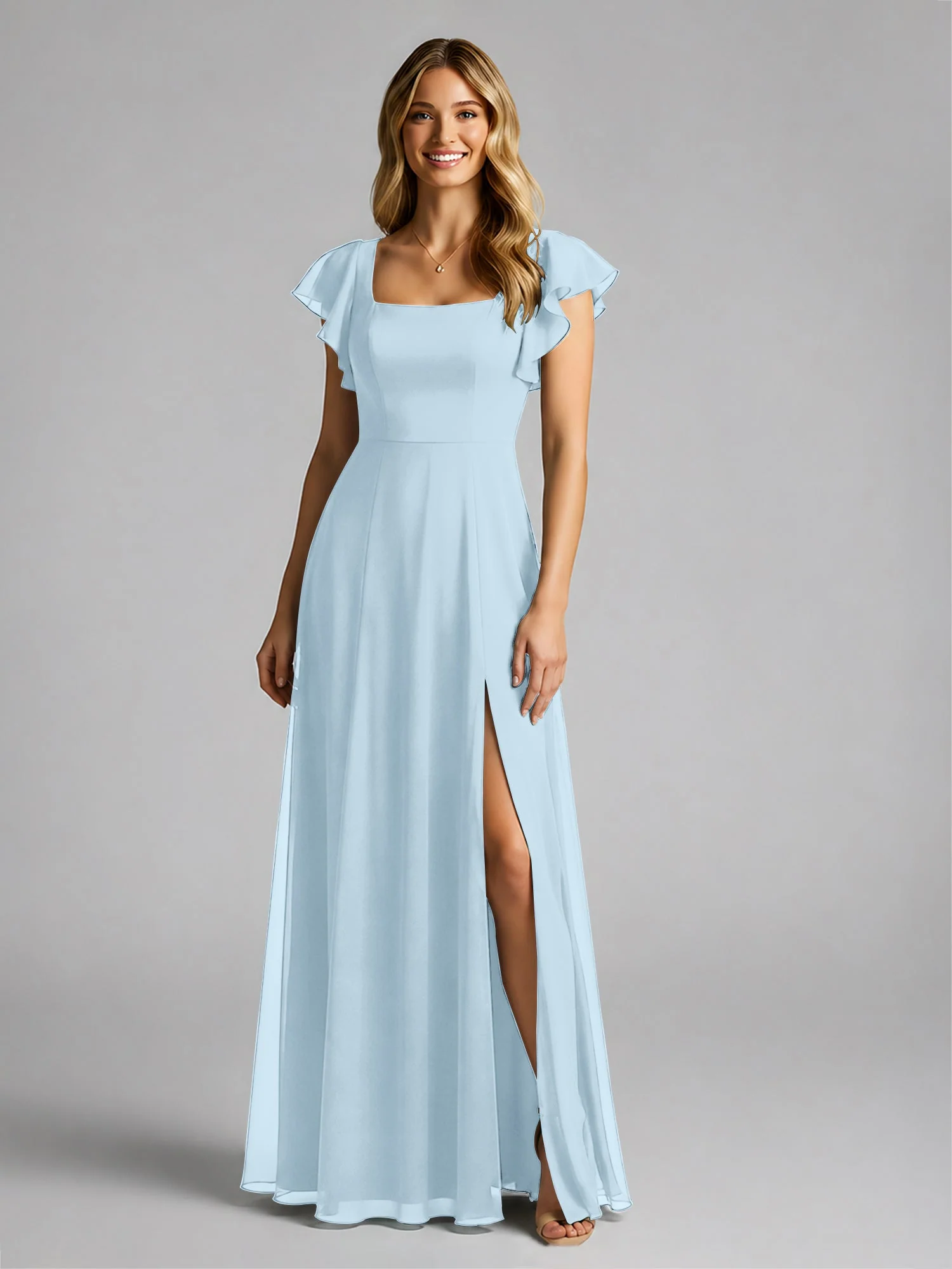 Chiffon Quadratischer Ausschnitt Flatterärmel Kleid mit Schlitz Himmelblau - Image 3