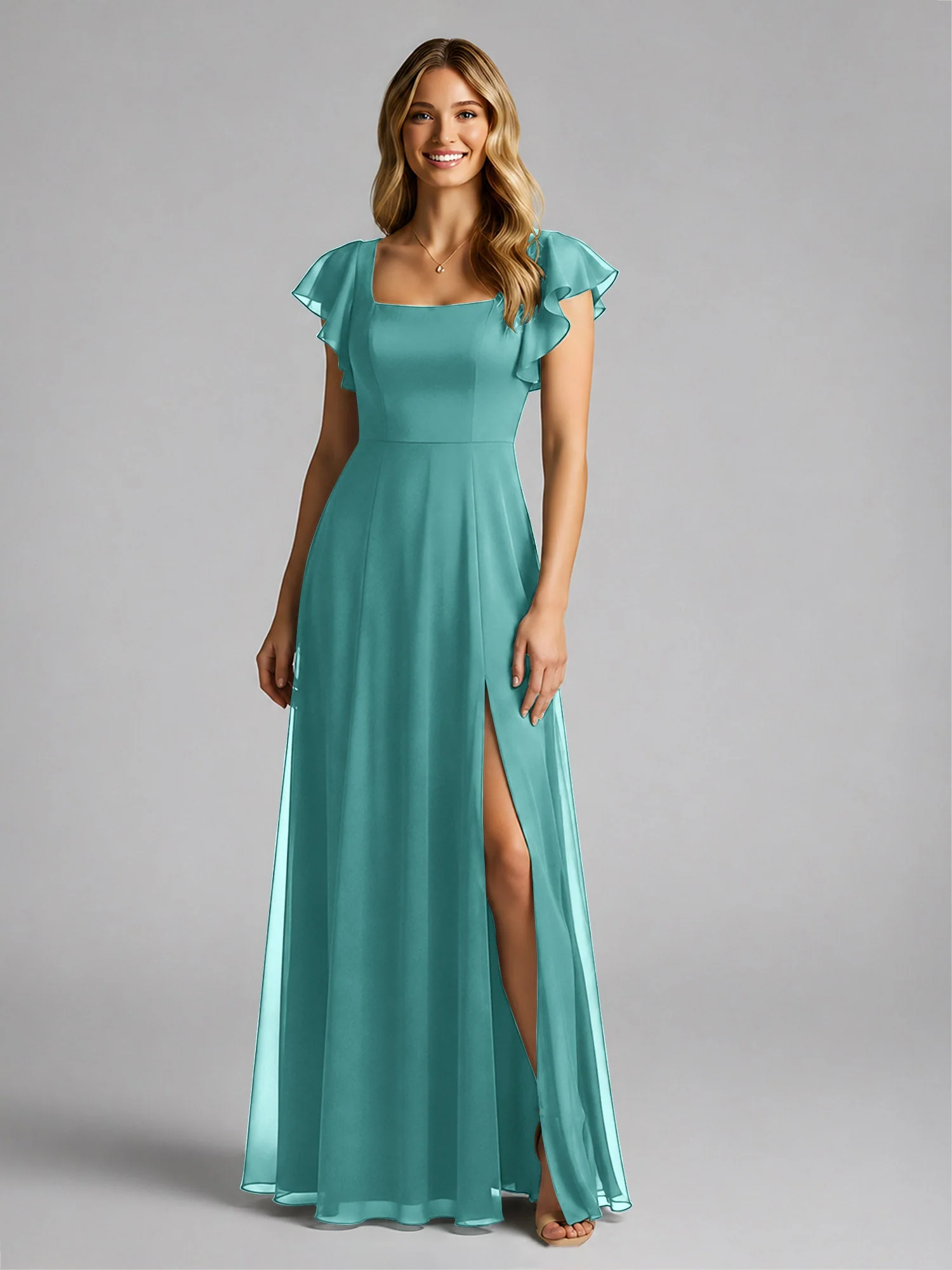 Chiffon Quadratischer Ausschnitt Flatterärmel Kleid mit Schlitz Jade - Image 3