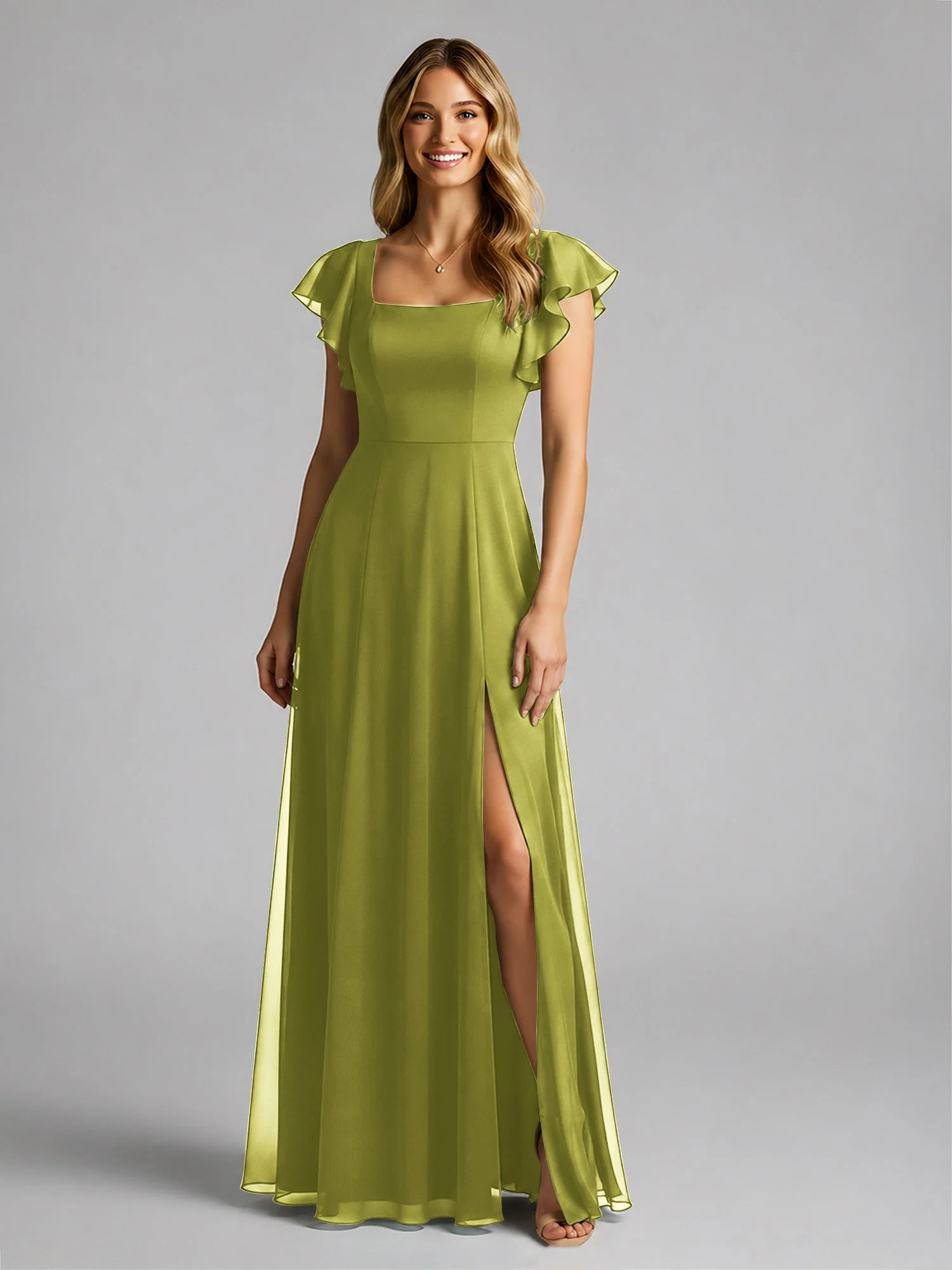 Chiffon Quadratischer Ausschnitt Flatterärmel Kleid mit Schlitz Kleegrün - Image 3