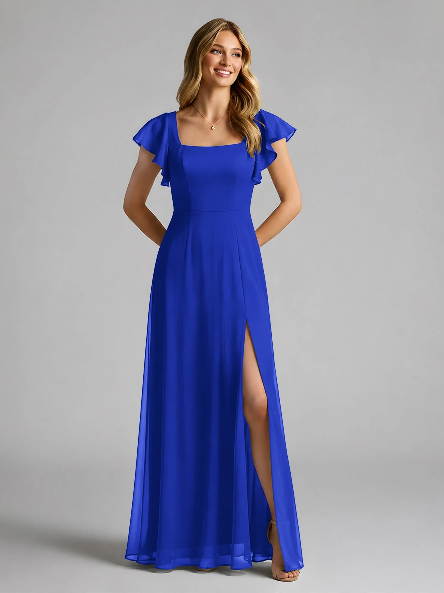 Chiffon Quadratischer Ausschnitt Flatterärmel Kleid mit Schlitz Königsblau