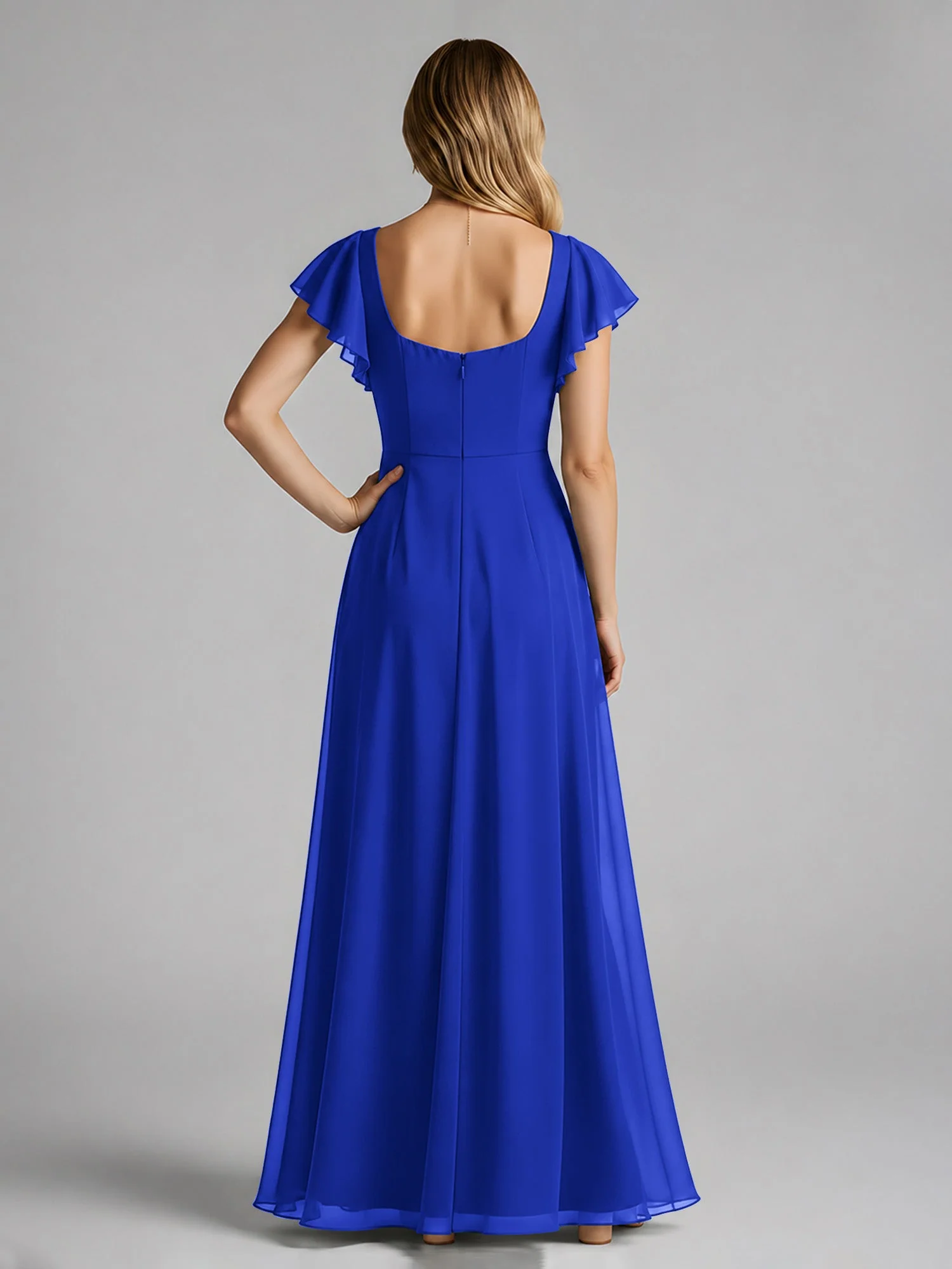 Chiffon Quadratischer Ausschnitt Flatterärmel Kleid mit Schlitz Königsblau - Image 2