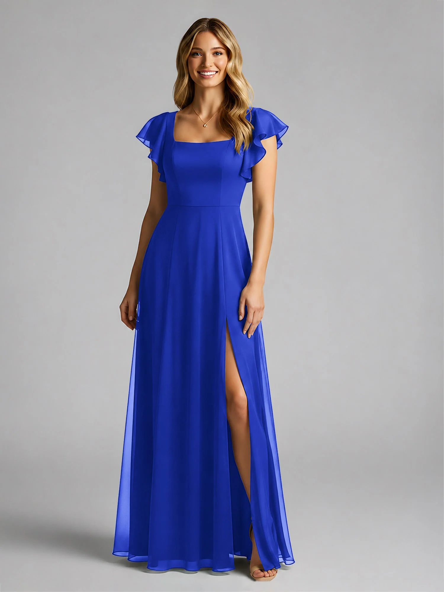 Chiffon Quadratischer Ausschnitt Flatterärmel Kleid mit Schlitz Königsblau - Image 3