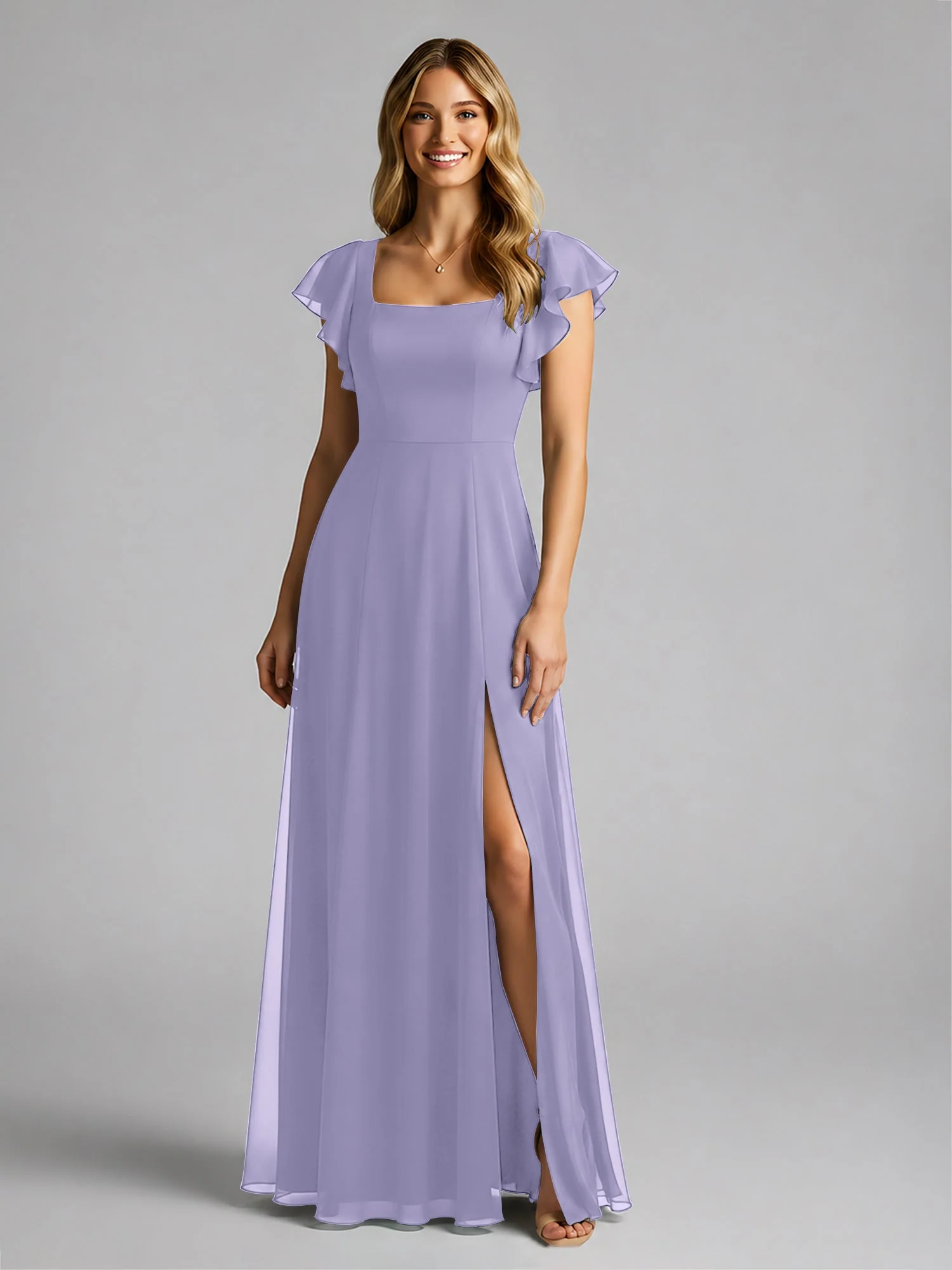 Chiffon Quadratischer Ausschnitt Flatterärmel Kleid mit Schlitz Lavendel - Image 3