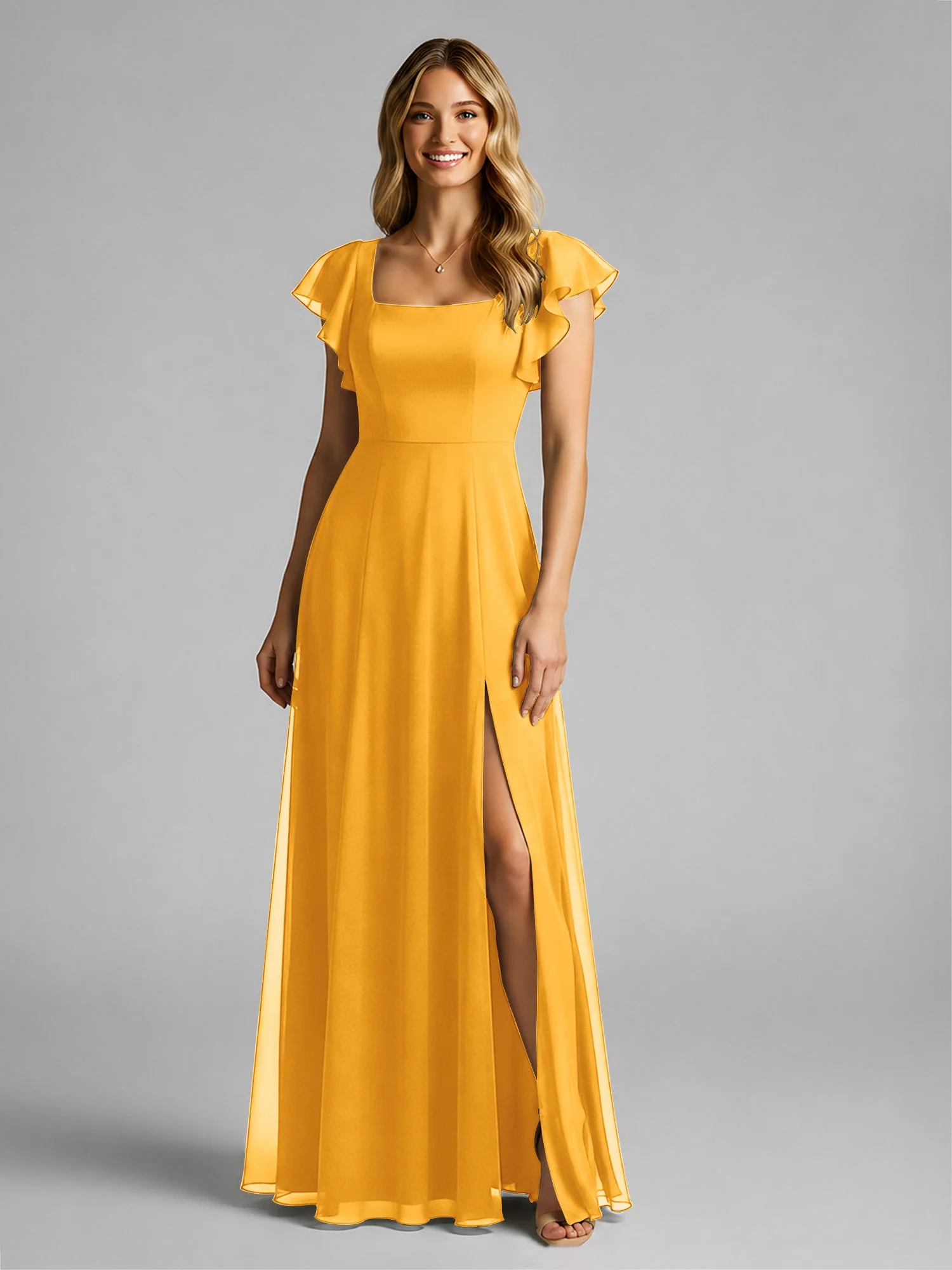 Chiffon Quadratischer Ausschnitt Flatterärmel Kleid mit Schlitz Mandarine - Image 3