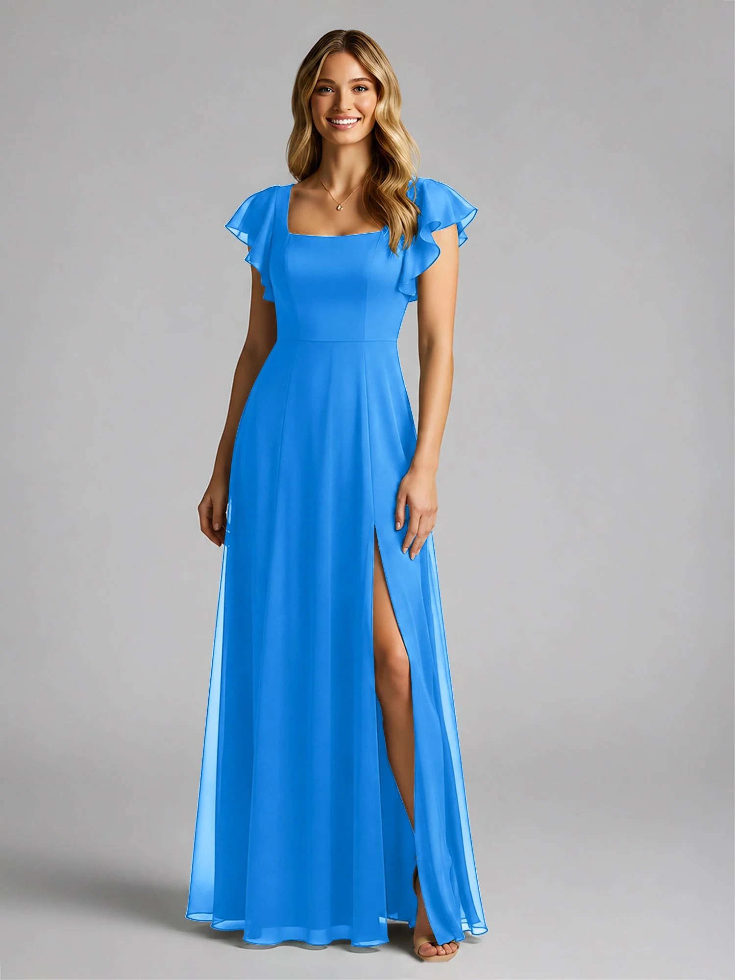 Chiffon Quadratischer Ausschnitt Flatterärmel Kleid mit Schlitz Meerblau - Image 3