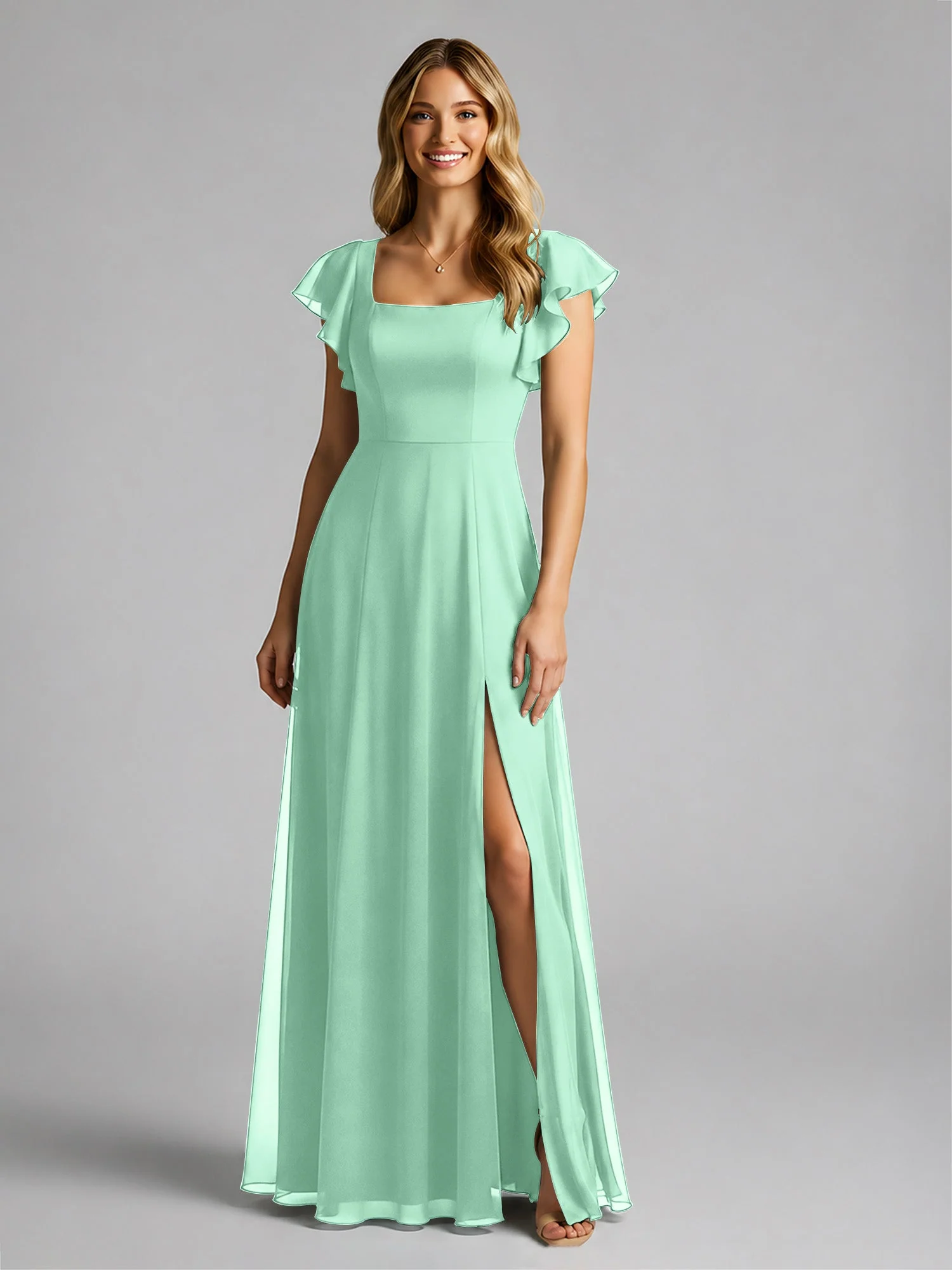 Chiffon Quadratischer Ausschnitt Flatterärmel Kleid mit Schlitz Minzgrün - Image 3