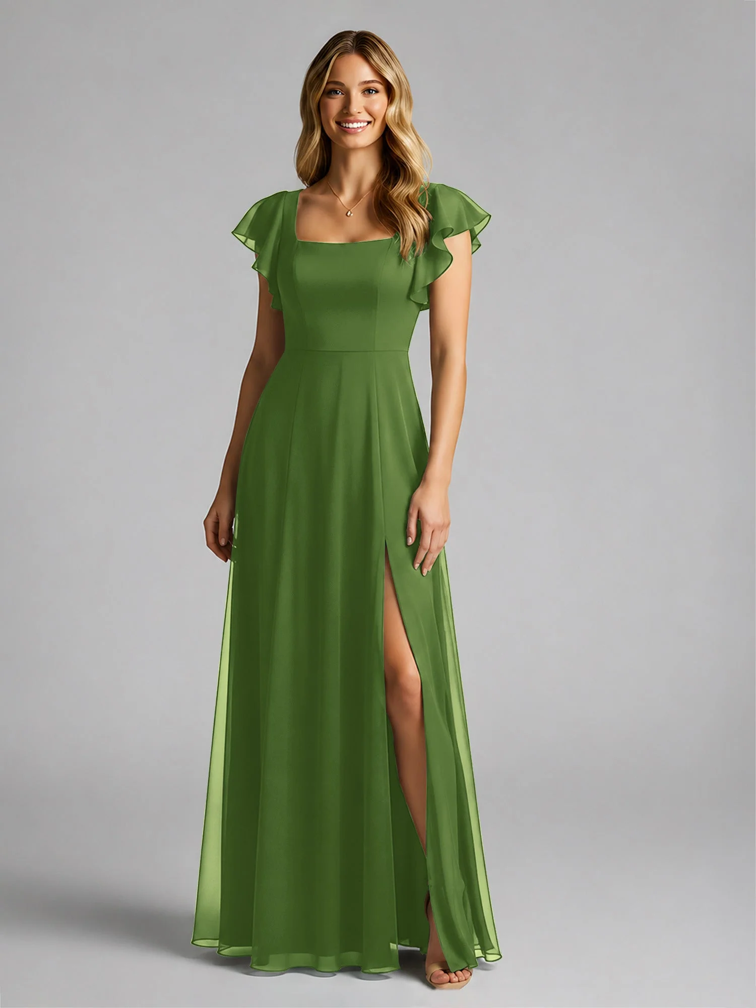 Chiffon Quadratischer Ausschnitt Flatterärmel Kleid mit Schlitz Moos - Image 3
