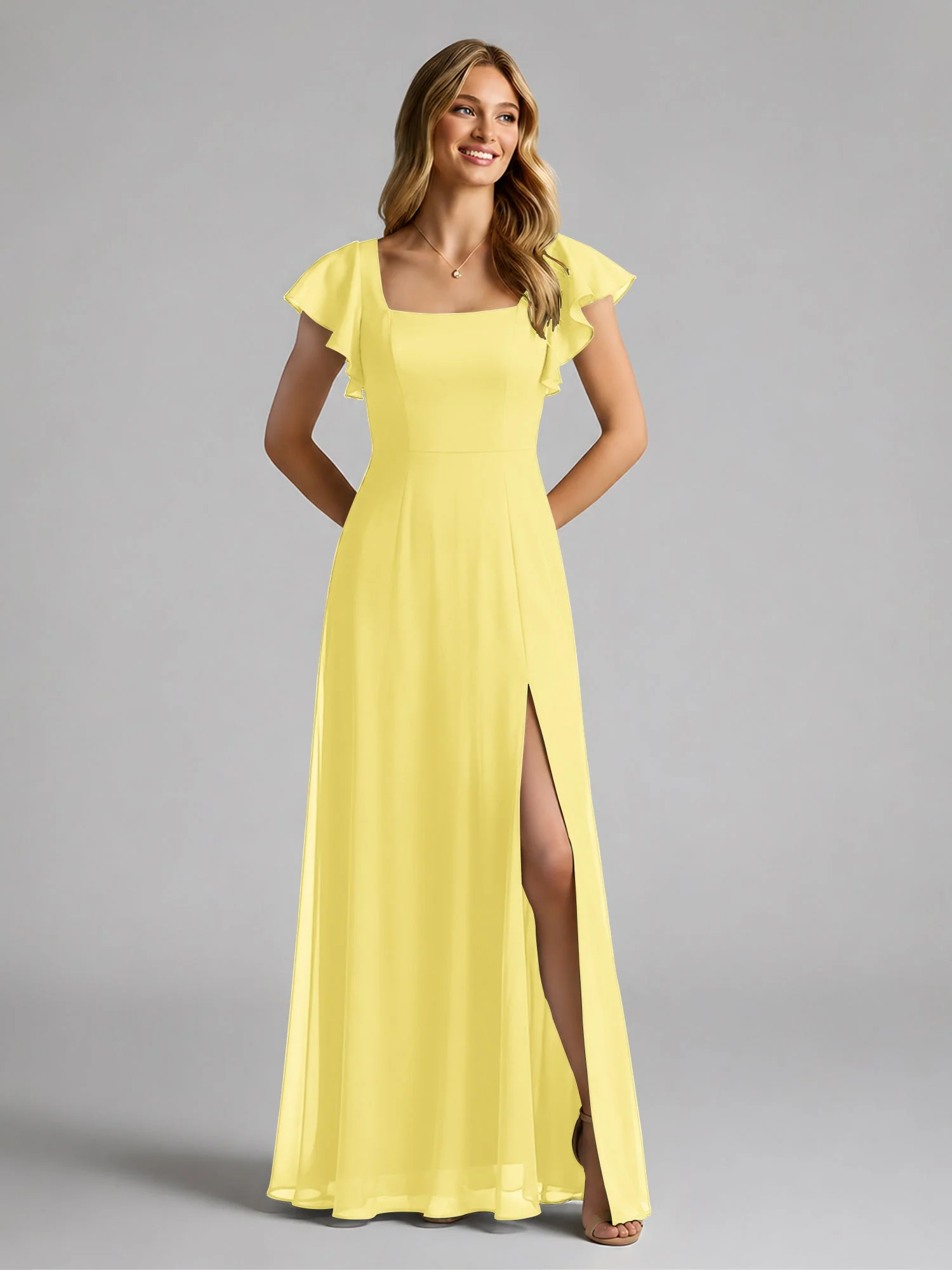 Chiffon Quadratischer Ausschnitt Flatterärmel Kleid mit Schlitz Narzisse