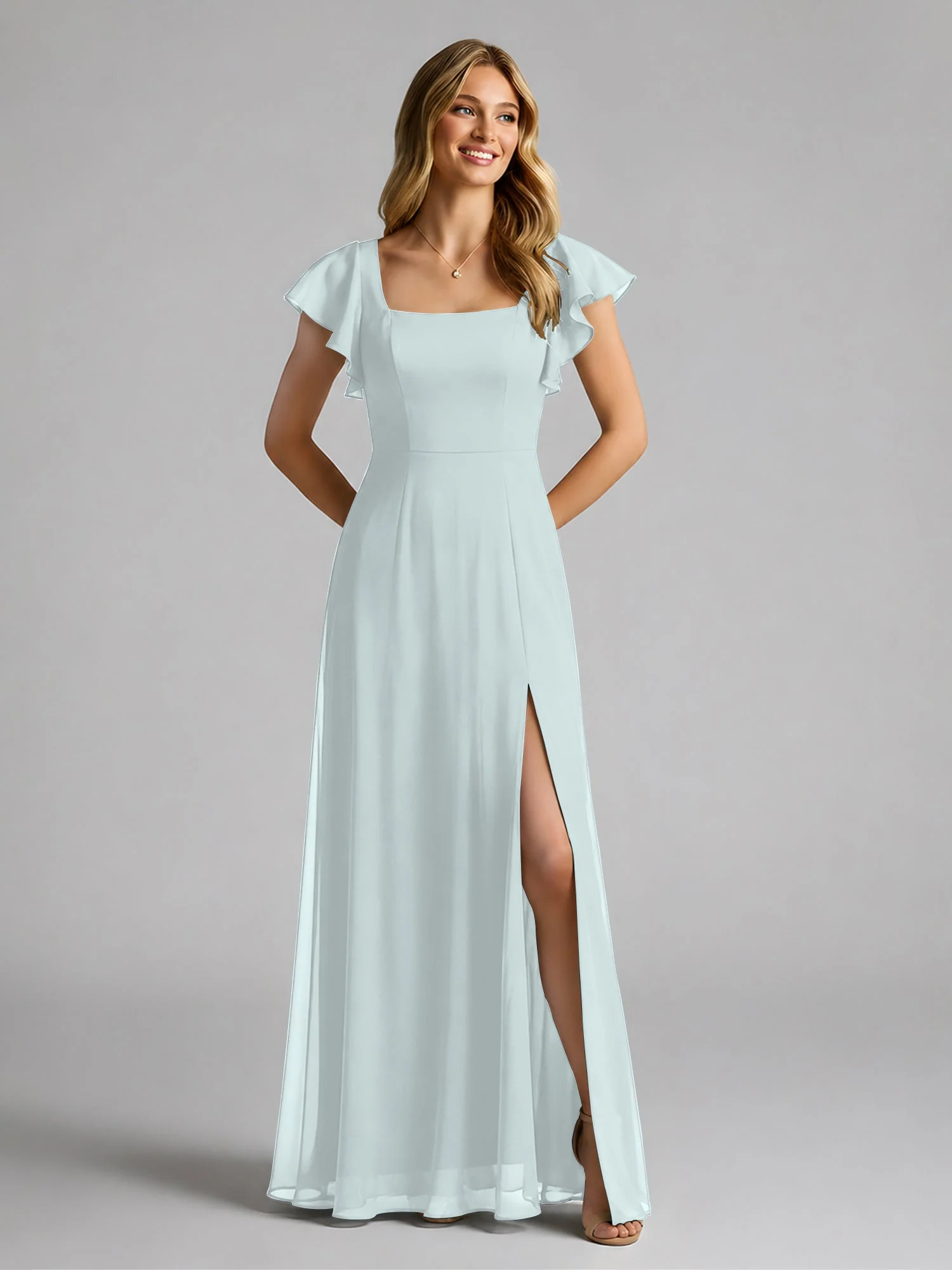 Chiffon Quadratischer Ausschnitt Flatterärmel Kleid mit Schlitz Nebel