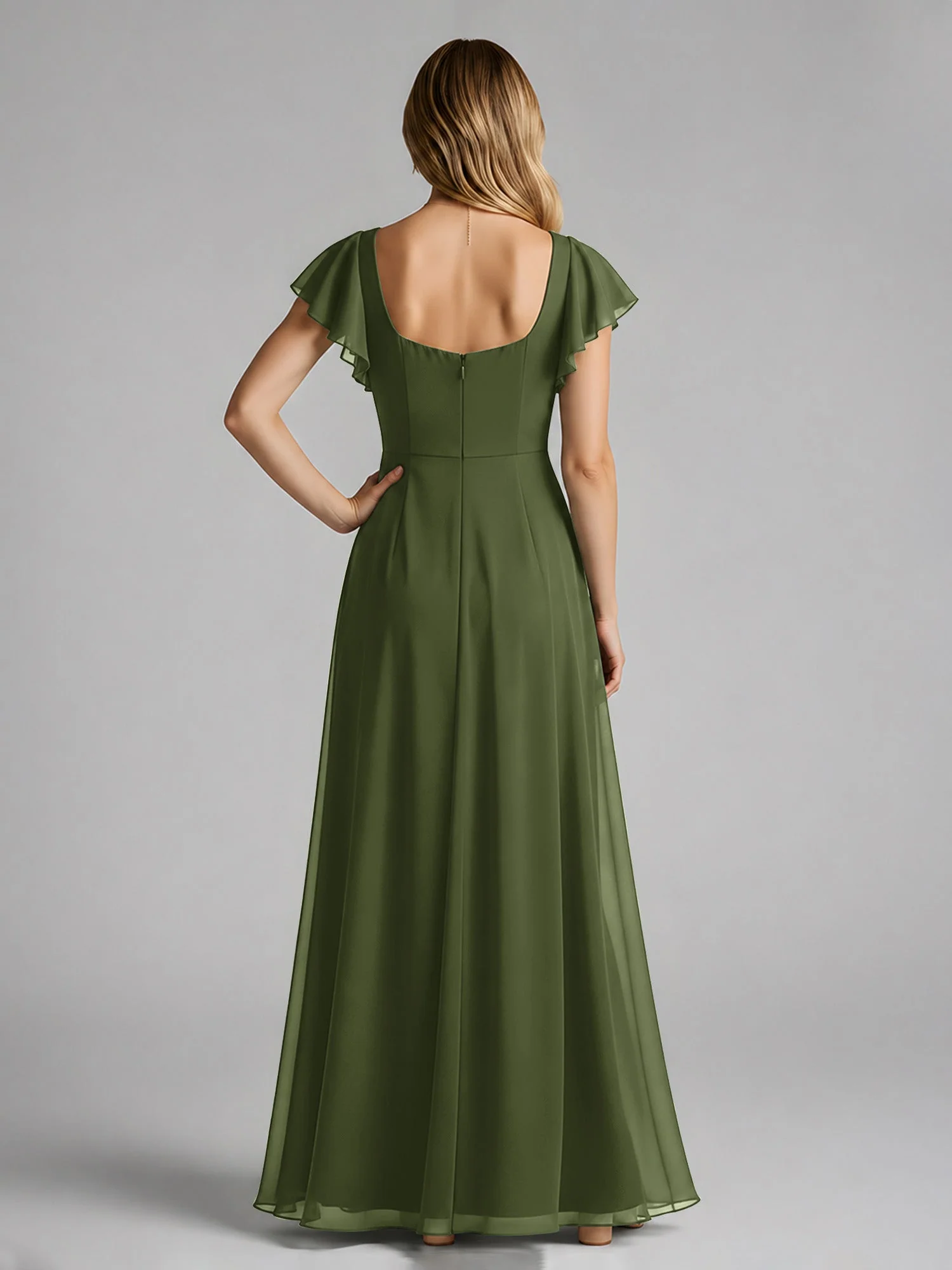 Chiffon Quadratischer Ausschnitt Flatterärmel Kleid mit Schlitz Olivgrün - Image 2