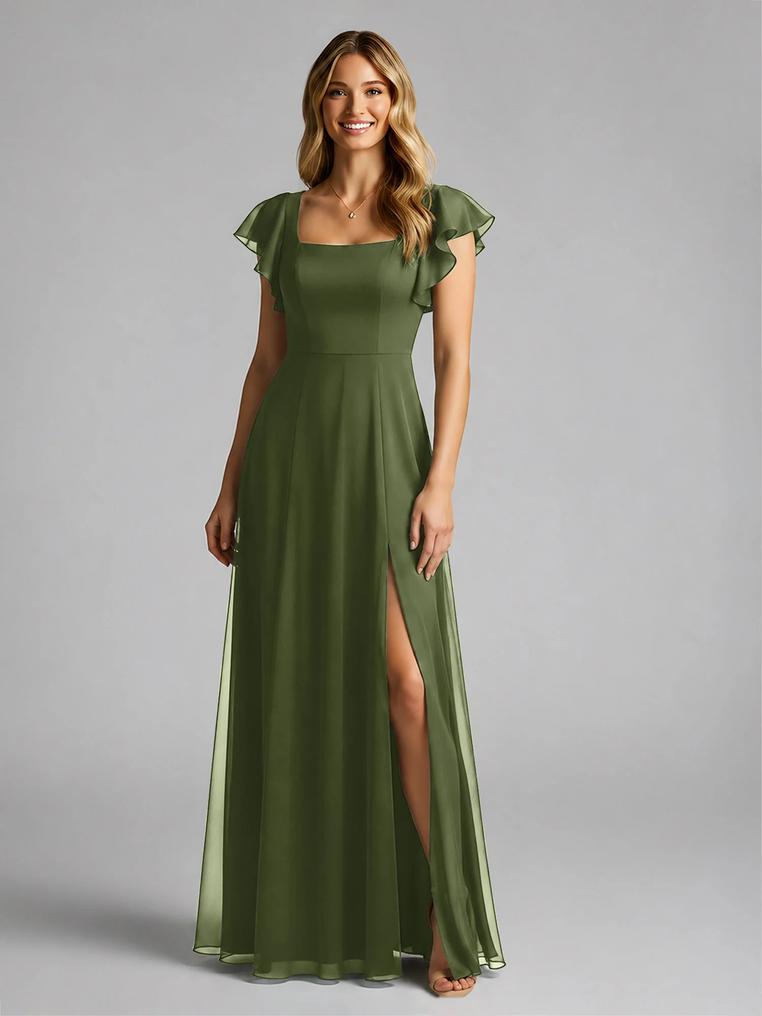 Chiffon Quadratischer Ausschnitt Flatterärmel Kleid mit Schlitz Olivgrün - Image 3