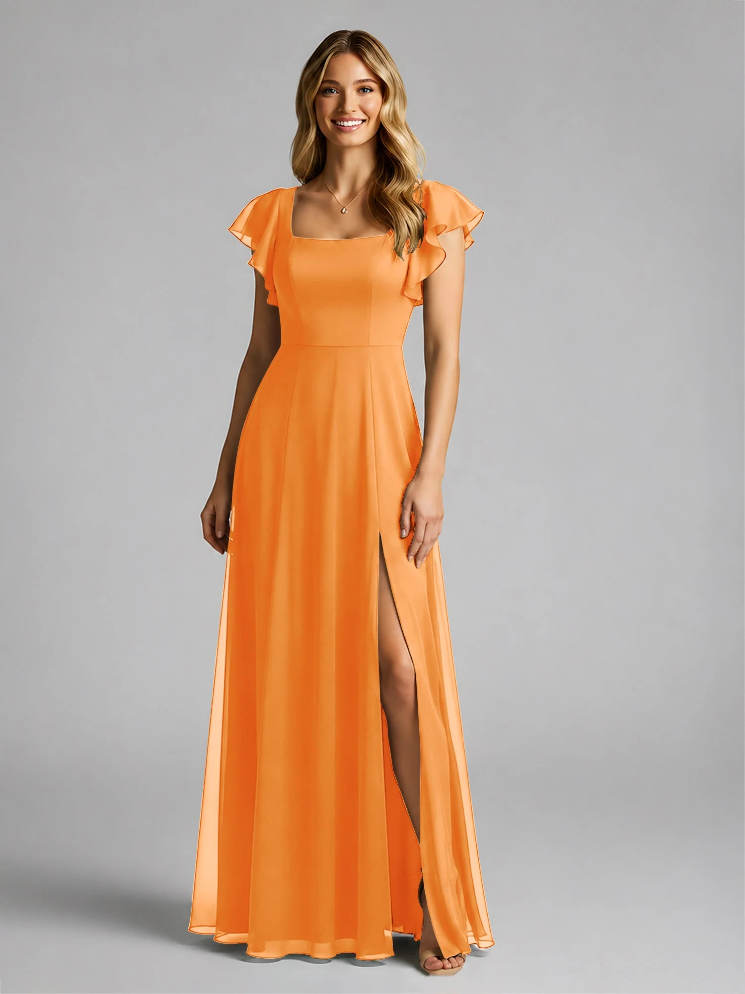 Chiffon Quadratischer Ausschnitt Flatterärmel Kleid mit Schlitz Orange - Image 3