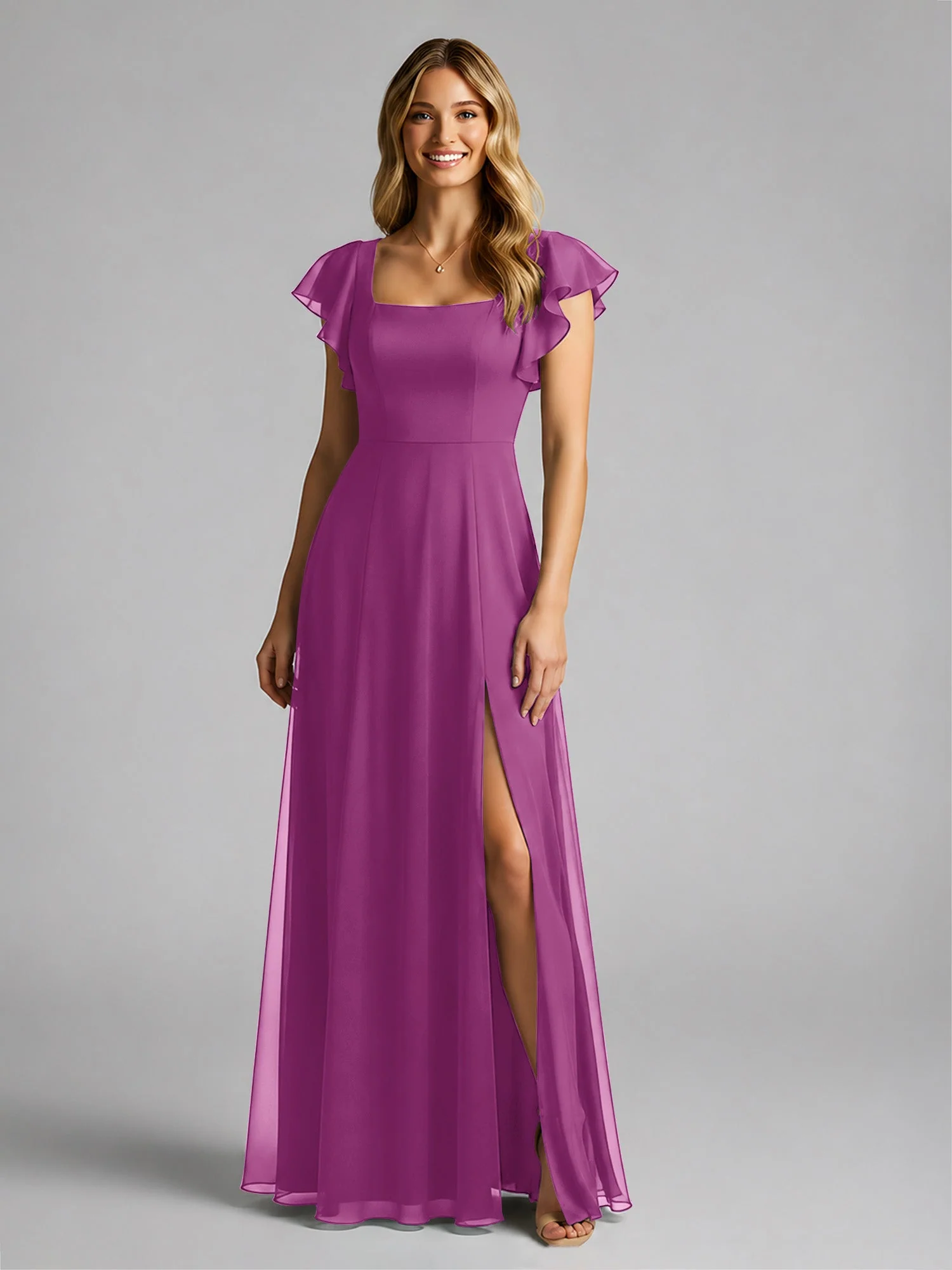 Chiffon Quadratischer Ausschnitt Flatterärmel Kleid mit Schlitz Orchidee - Image 3