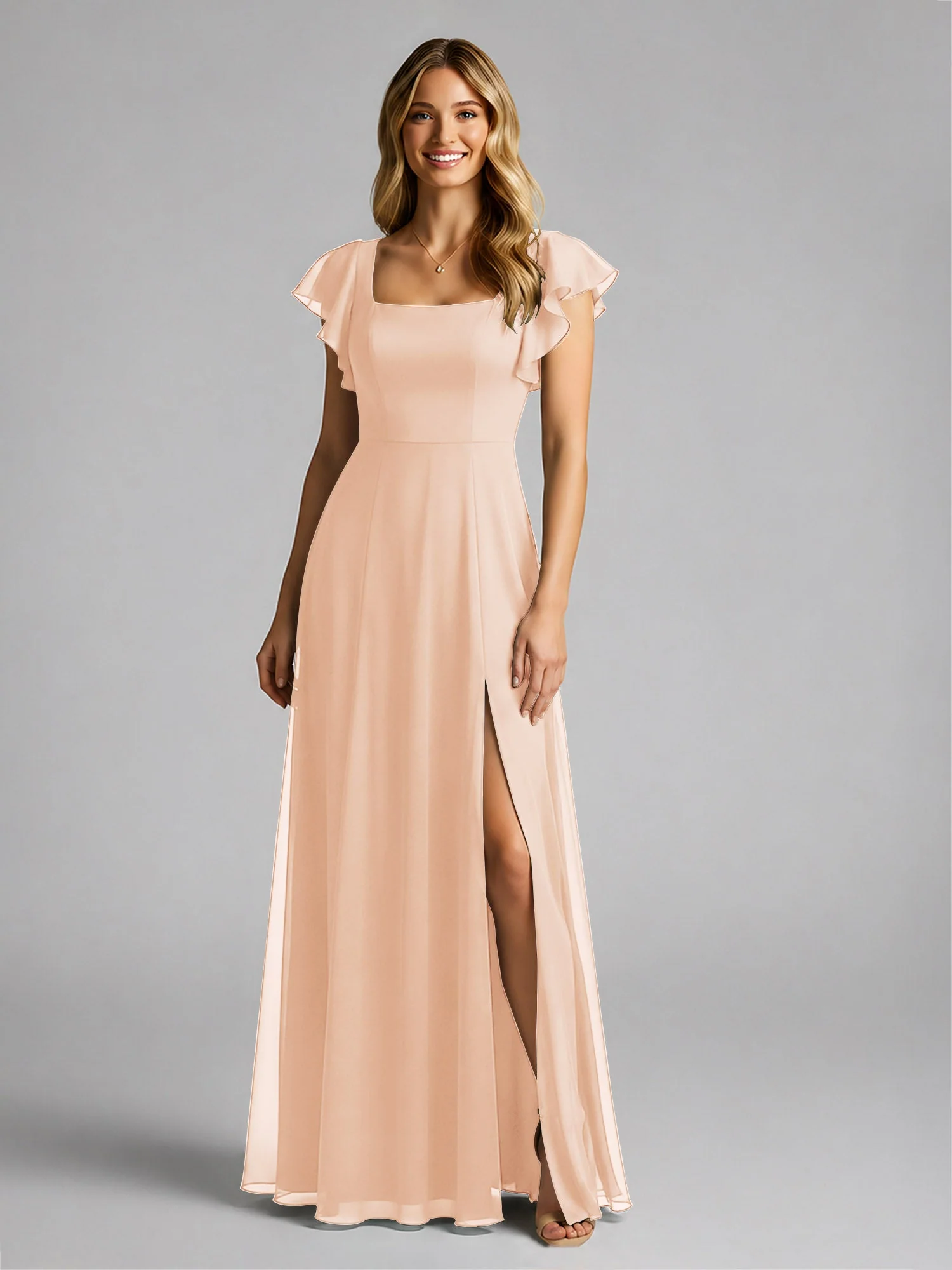 Chiffon Quadratischer Ausschnitt Flatterärmel Kleid mit Schlitz Perlrosa - Image 3