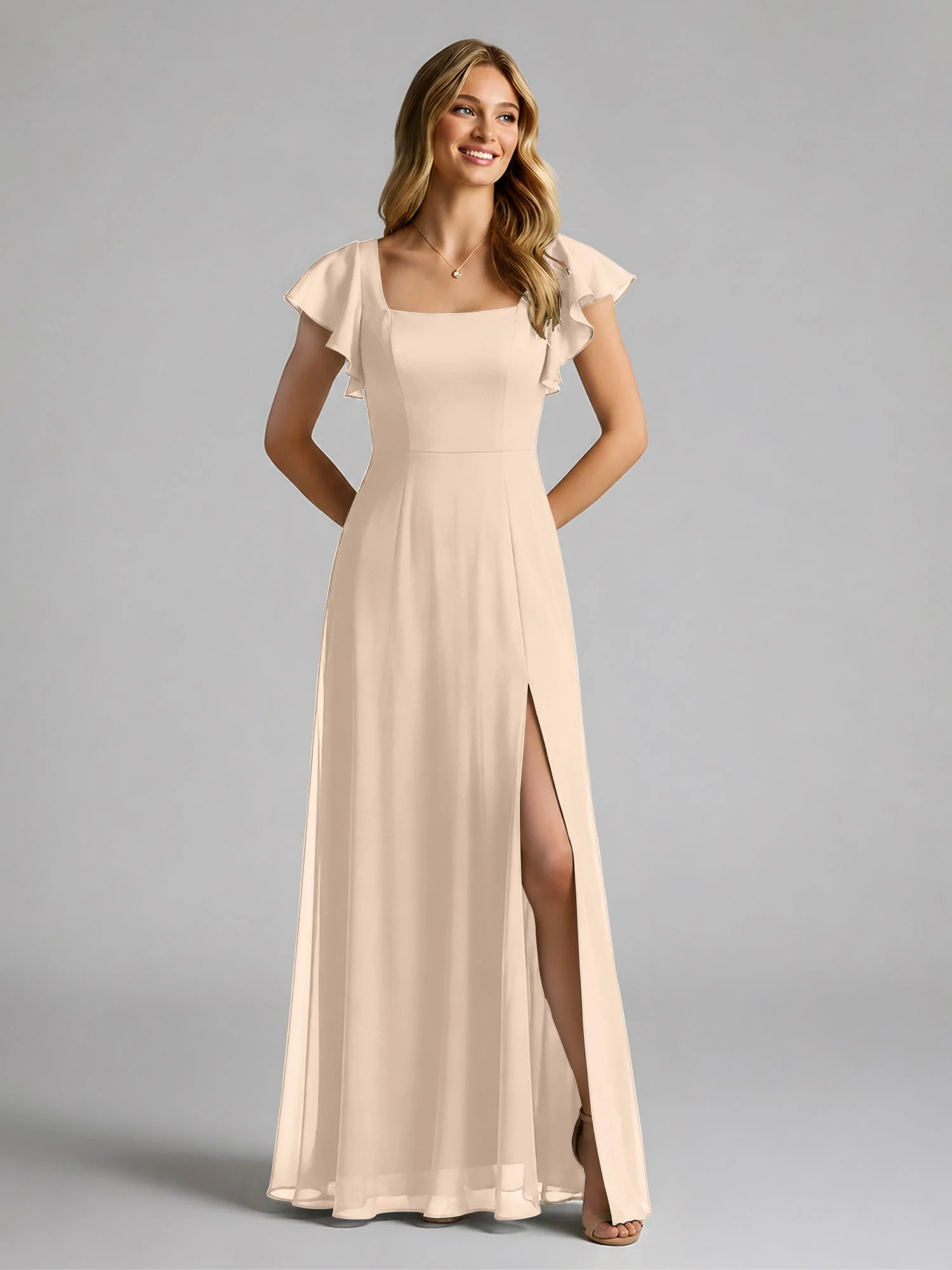 Chiffon Quadratischer Ausschnitt Flatterärmel Kleid mit Schlitz Pfirsich