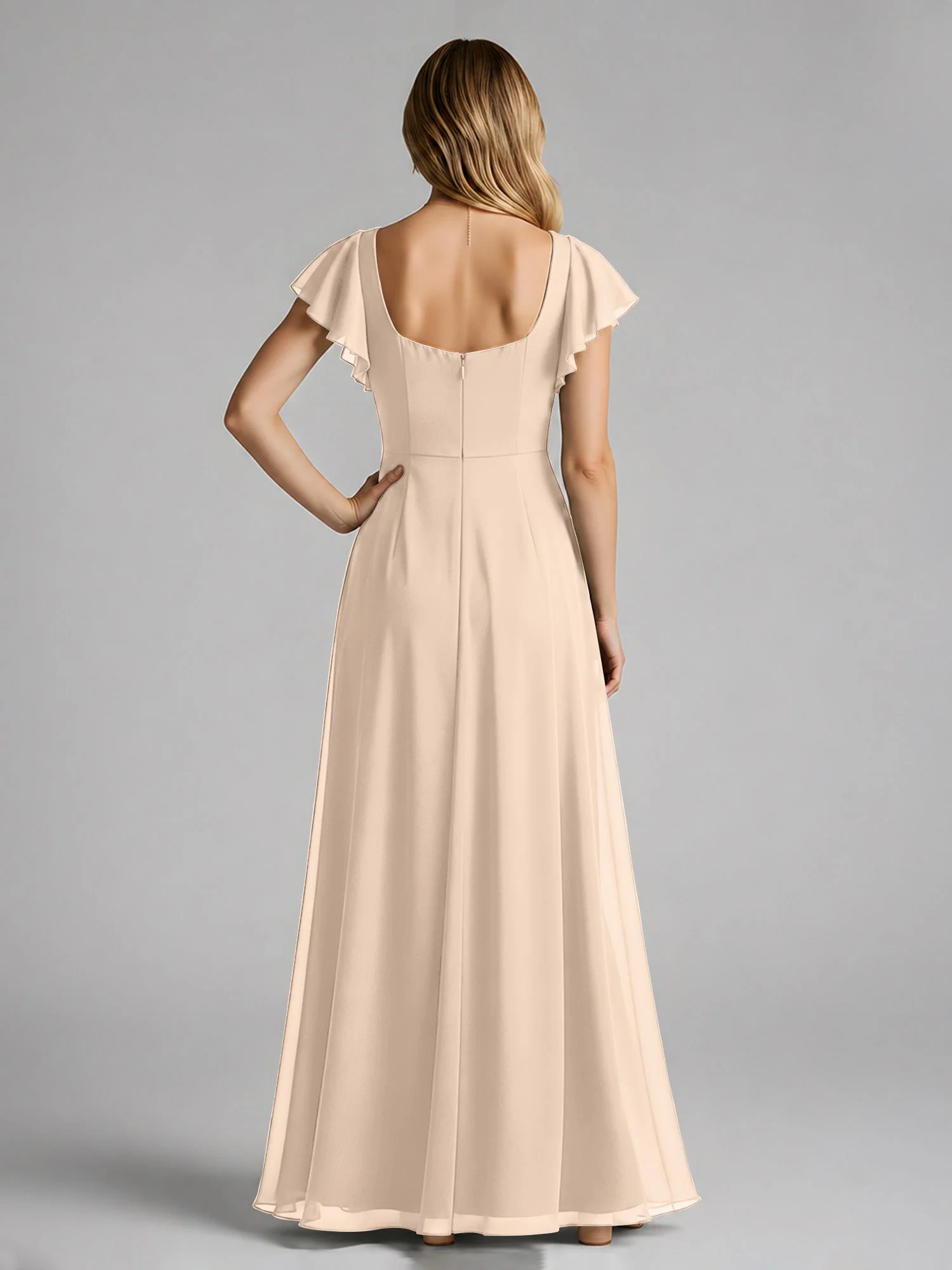 Chiffon Quadratischer Ausschnitt Flatterärmel Kleid mit Schlitz Pfirsich - Image 2