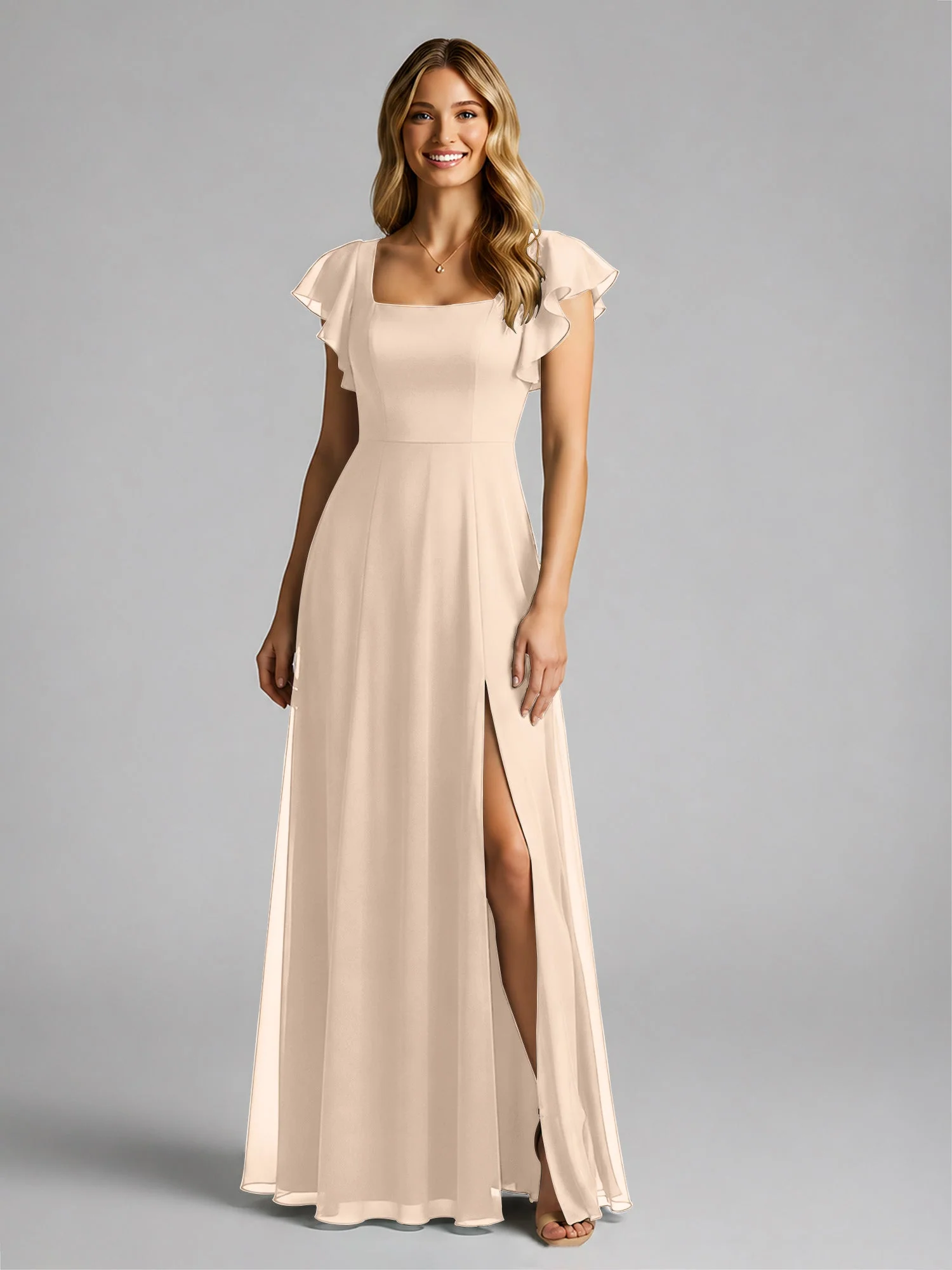Chiffon Quadratischer Ausschnitt Flatterärmel Kleid mit Schlitz Pfirsich - Image 3