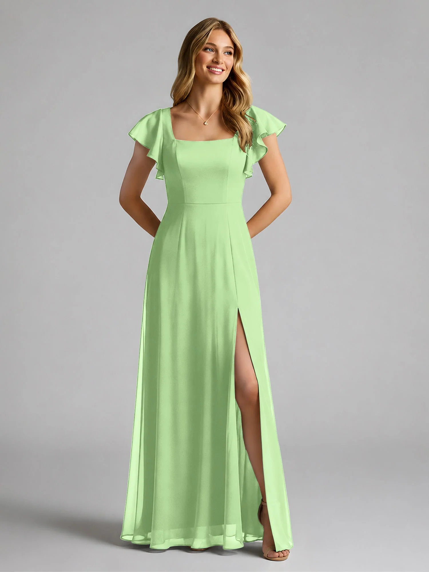 Chiffon Quadratischer Ausschnitt Flatterärmel Kleid mit Schlitz Salbei