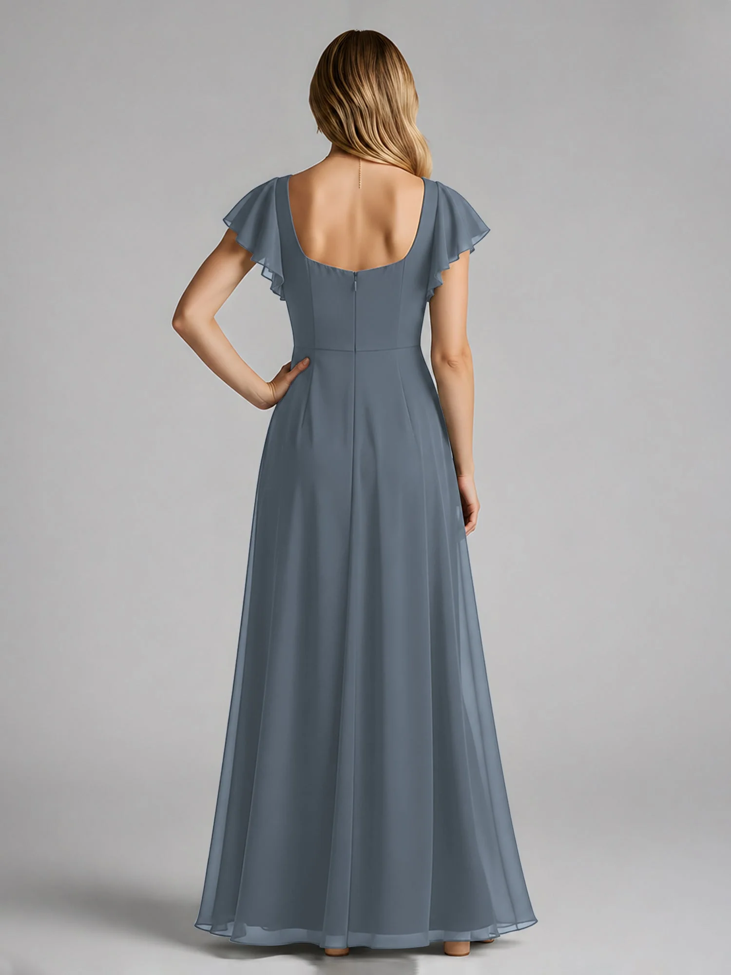 Chiffon Quadratischer Ausschnitt Flatterärmel Kleid mit Schlitz Schiefer Blau - Image 2