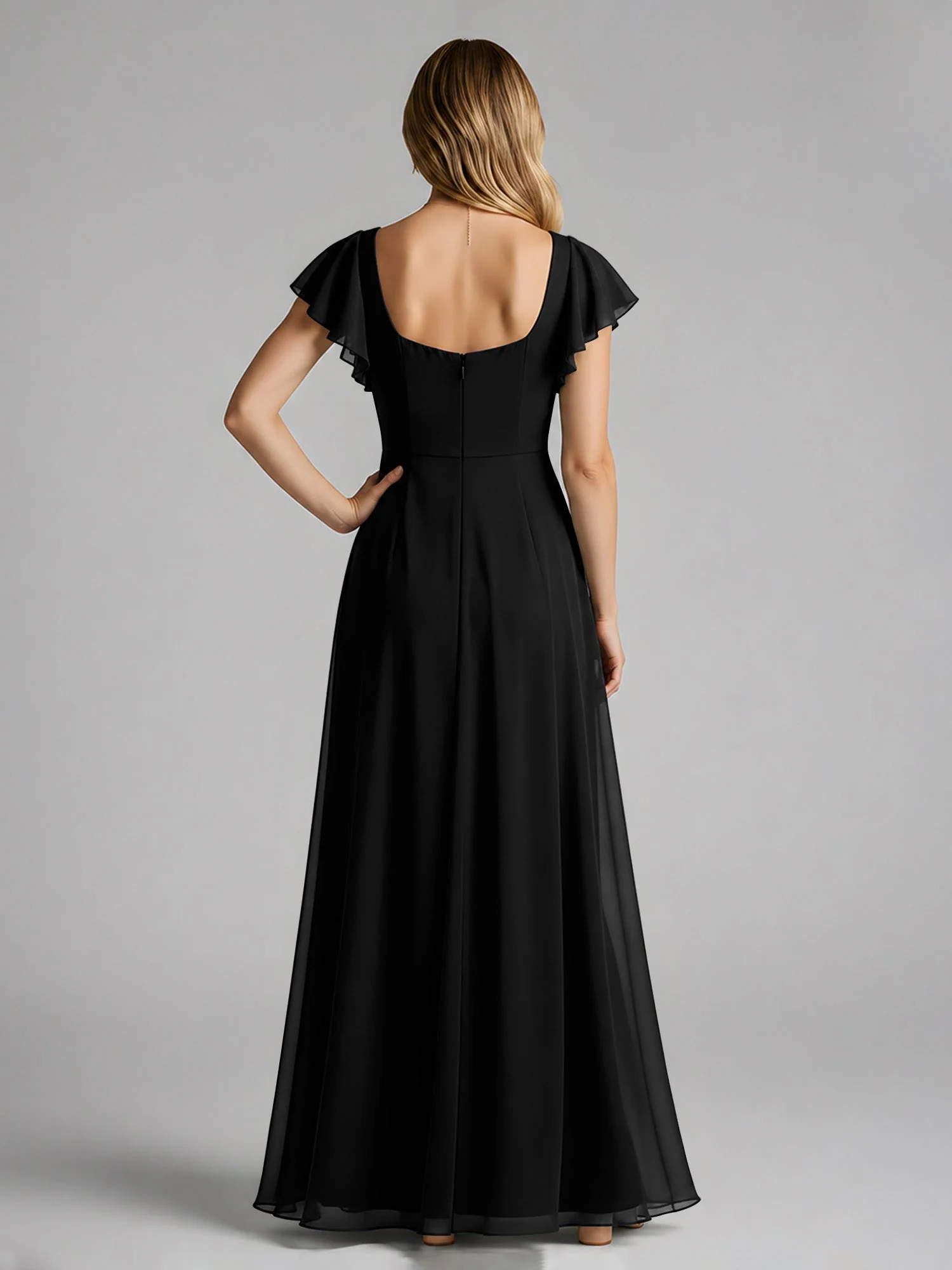 Chiffon Quadratischer Ausschnitt Flatterärmel Kleid mit Schlitz Schwarz - Image 2