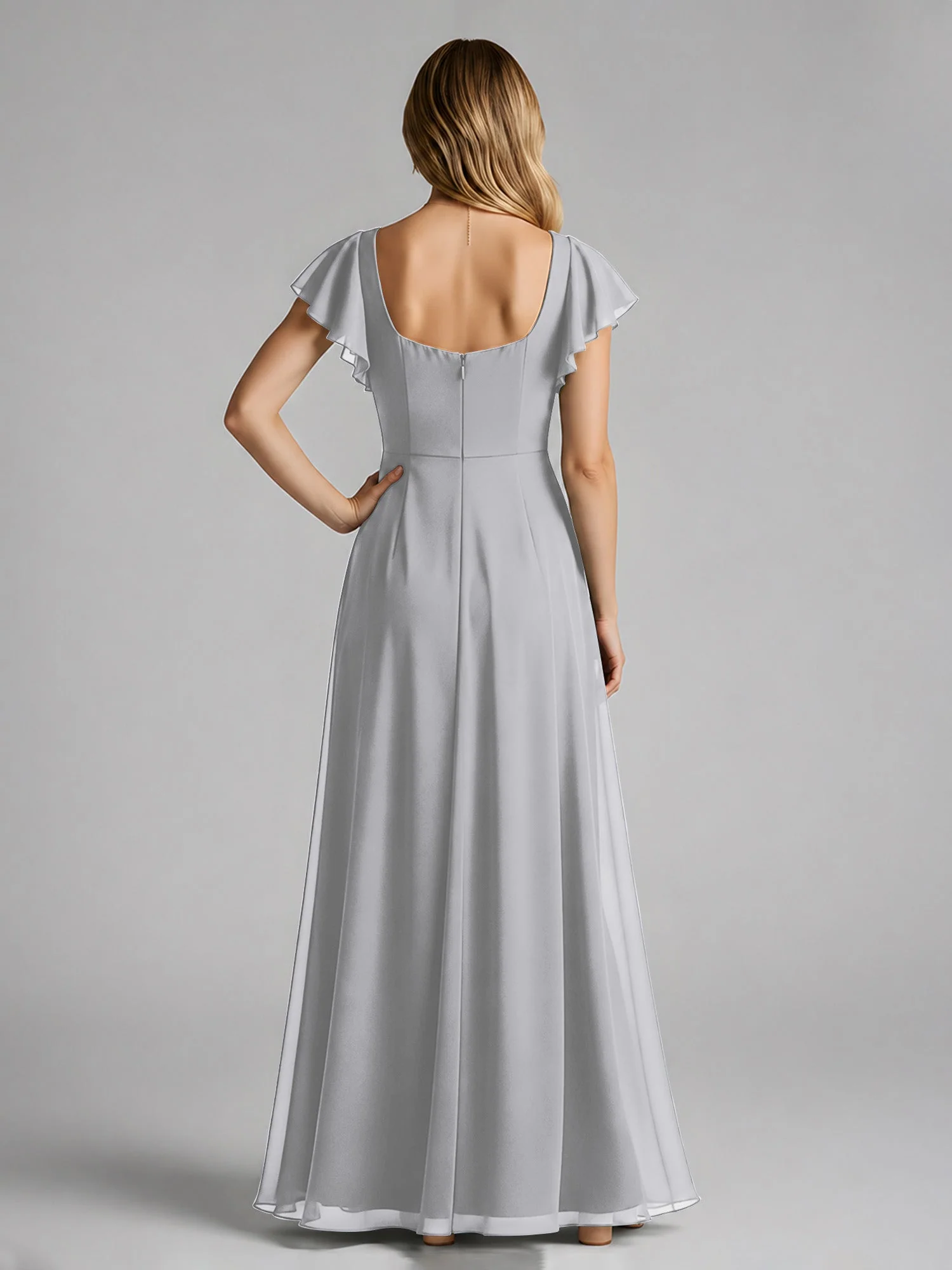 Chiffon Quadratischer Ausschnitt Flatterärmel Kleid mit Schlitz Silber - Image 2