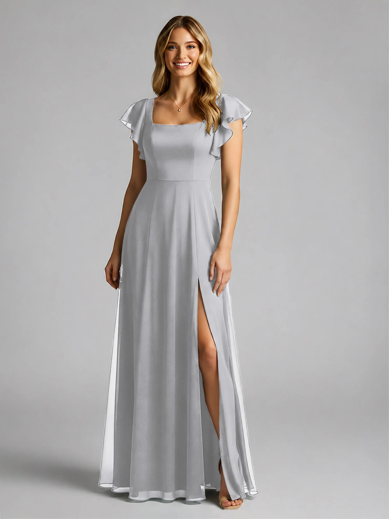 Chiffon Quadratischer Ausschnitt Flatterärmel Kleid mit Schlitz Silber - Image 3