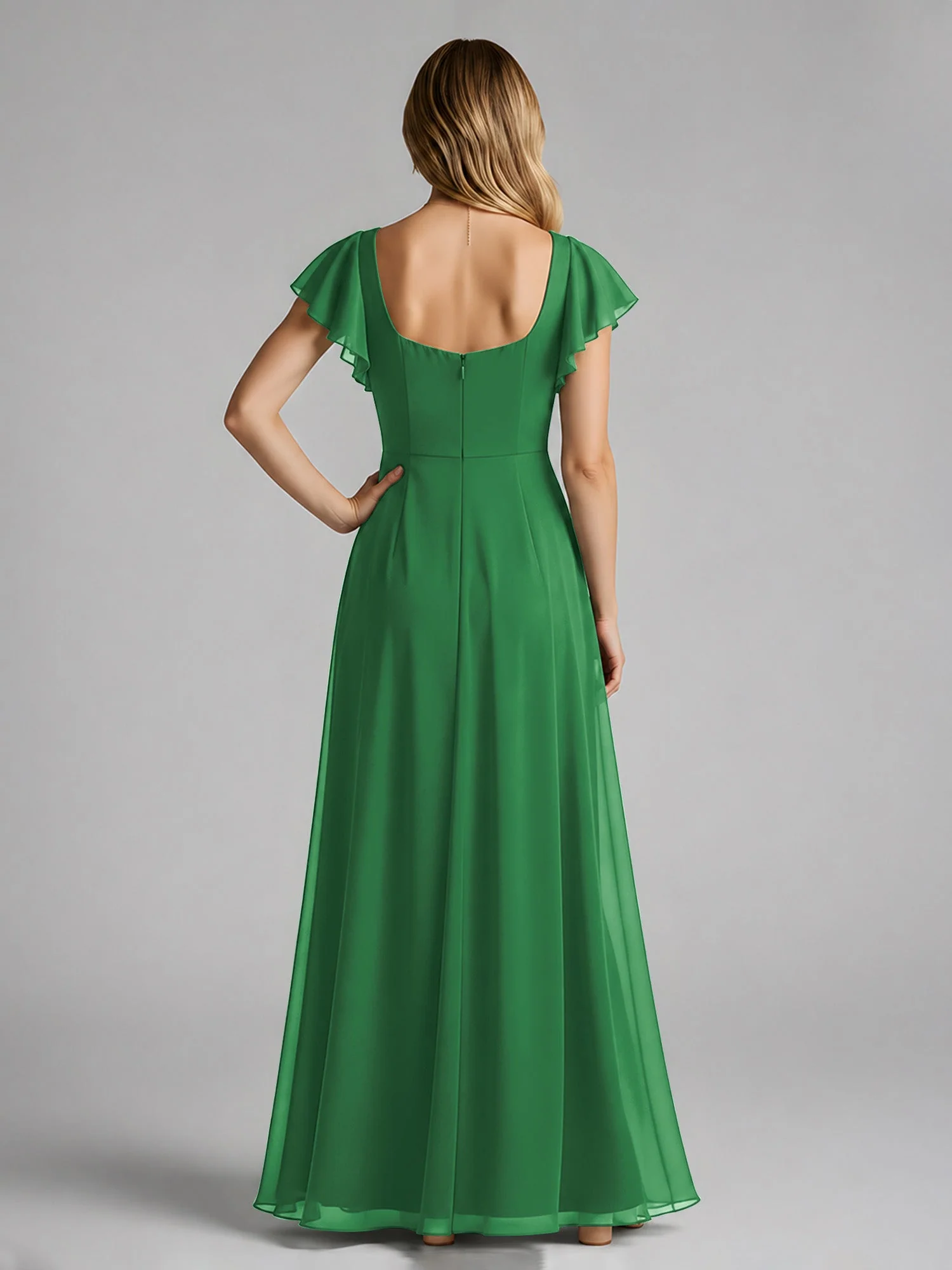 Chiffon Quadratischer Ausschnitt Flatterärmel Kleid mit Schlitz Smaragd - Image 2