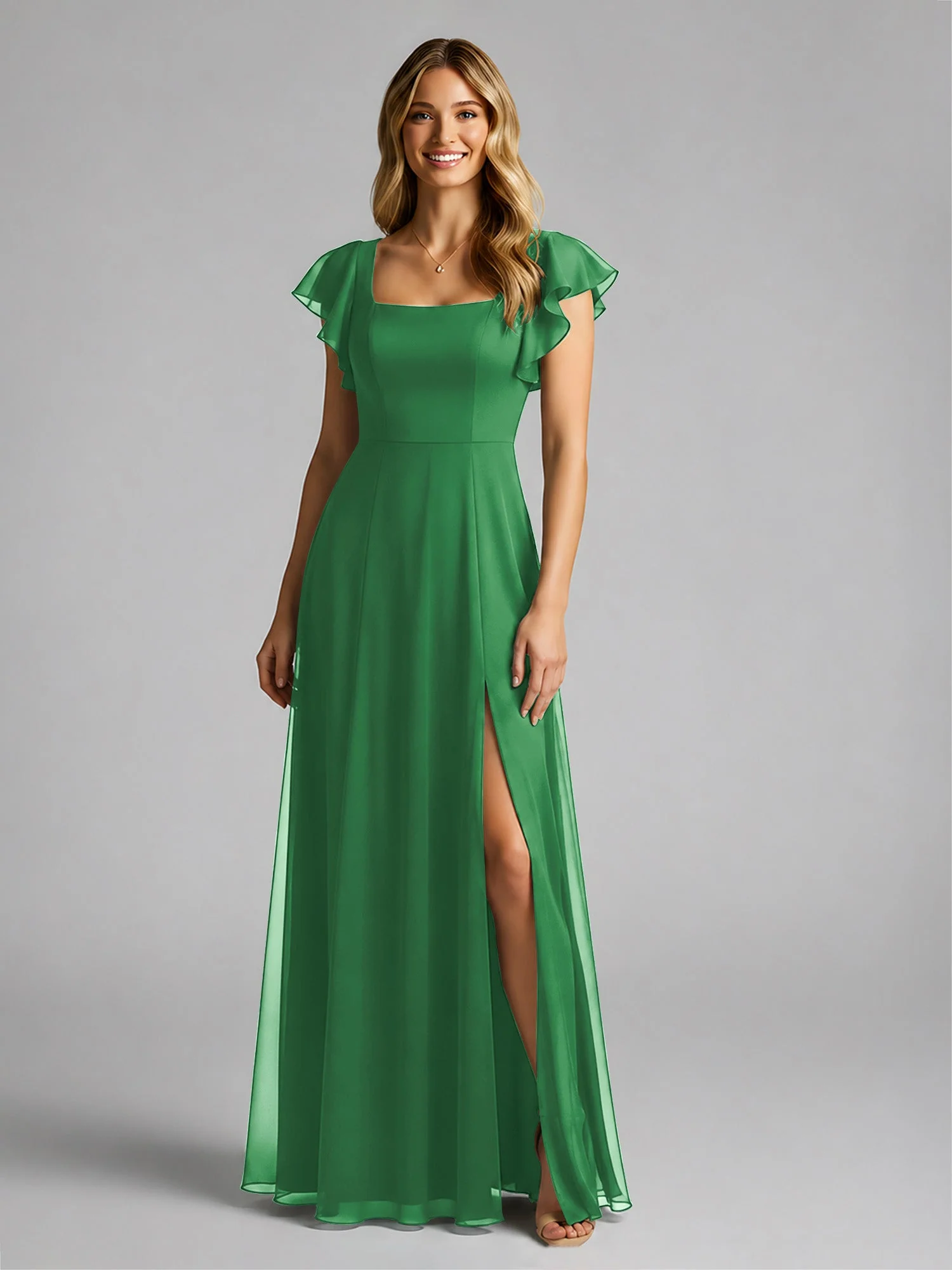 Chiffon Quadratischer Ausschnitt Flatterärmel Kleid mit Schlitz Smaragd - Image 3