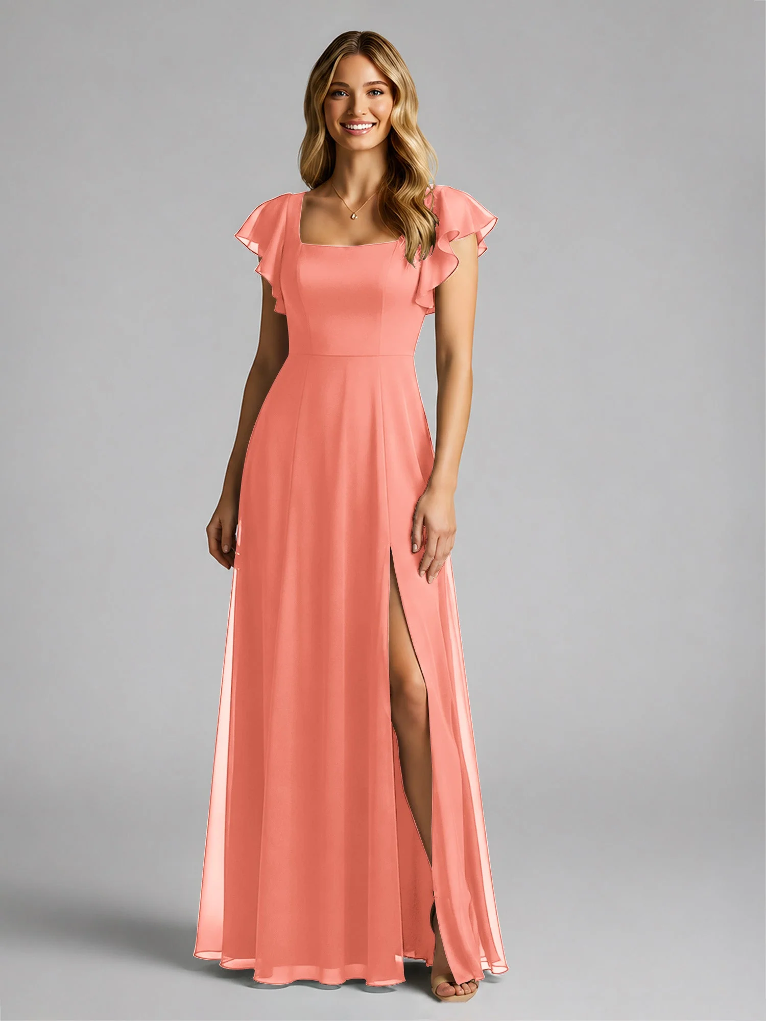 Chiffon Quadratischer Ausschnitt Flatterärmel Kleid mit Schlitz Sonnenuntergang - Image 3