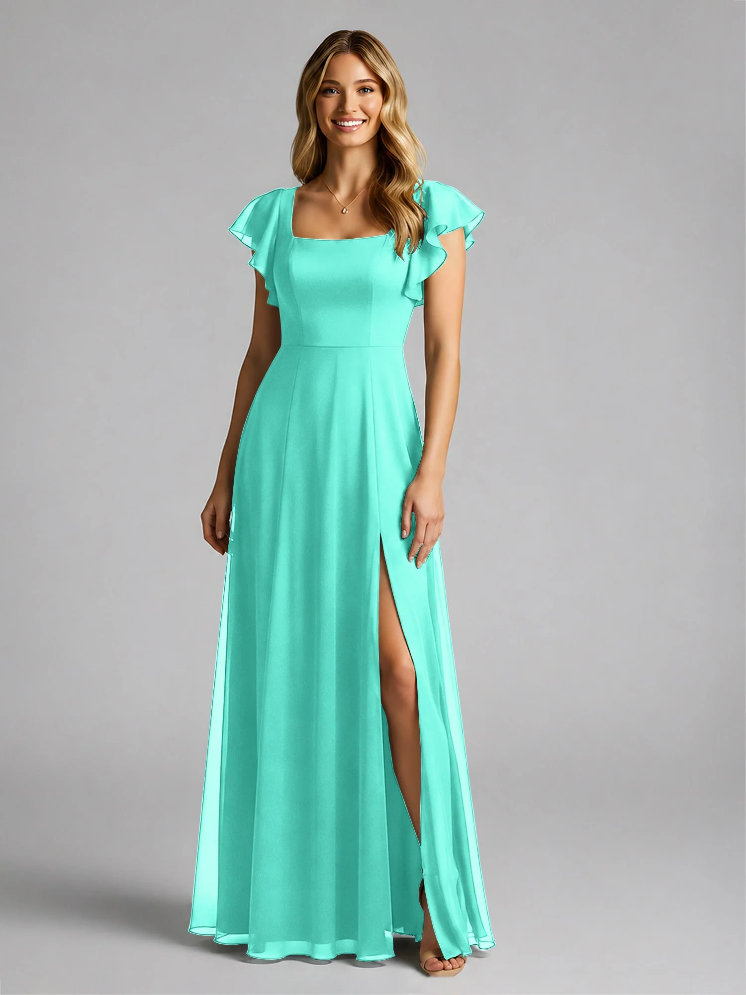 Chiffon Quadratischer Ausschnitt Flatterärmel Kleid mit Schlitz Spa - Image 3