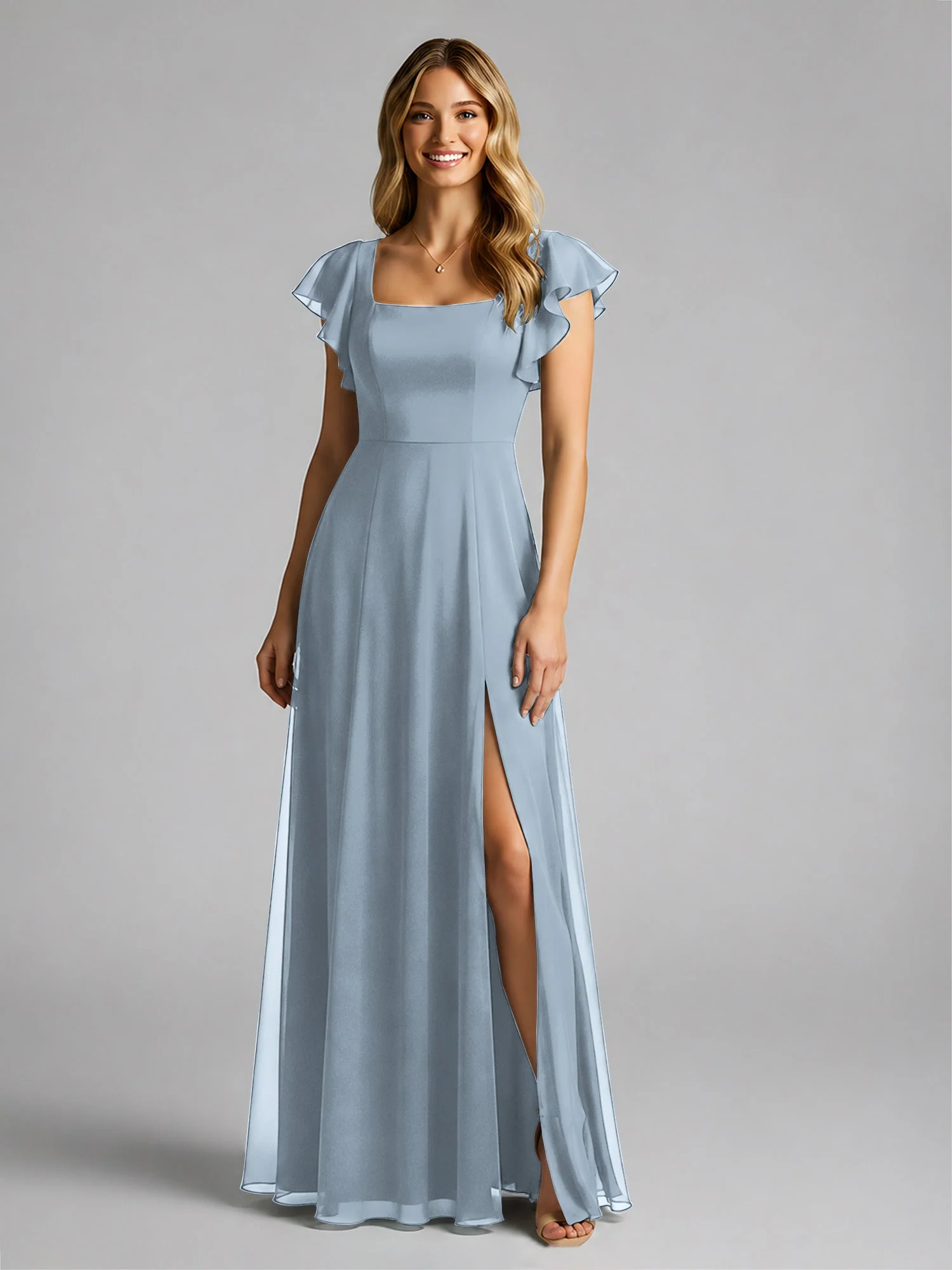 Chiffon Quadratischer Ausschnitt Flatterärmel Kleid mit Schlitz Staubiges Blau - Image 3