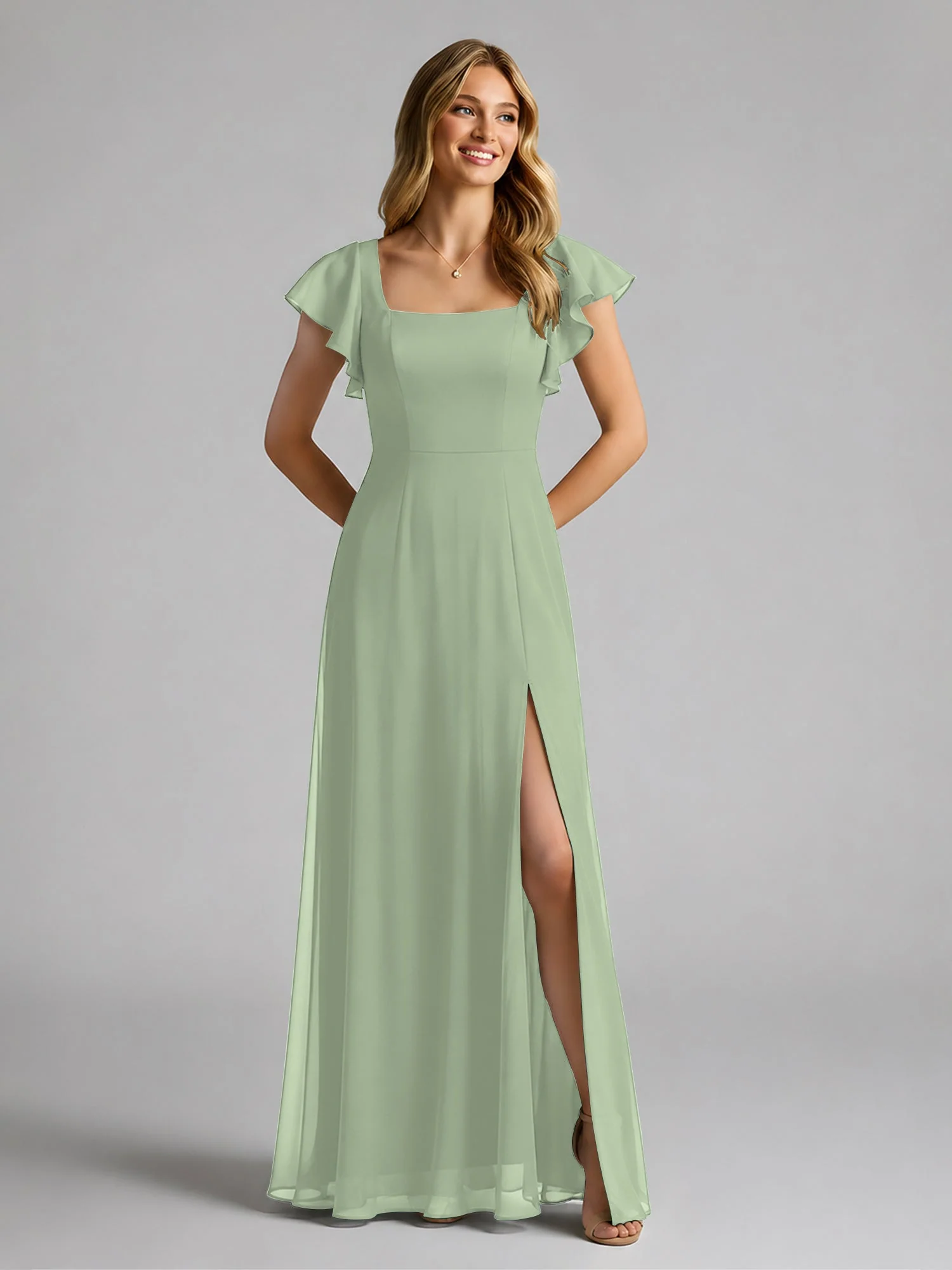Chiffon Quadratischer Ausschnitt Flatterärmel Kleid mit Schlitz Staubiges Salbei