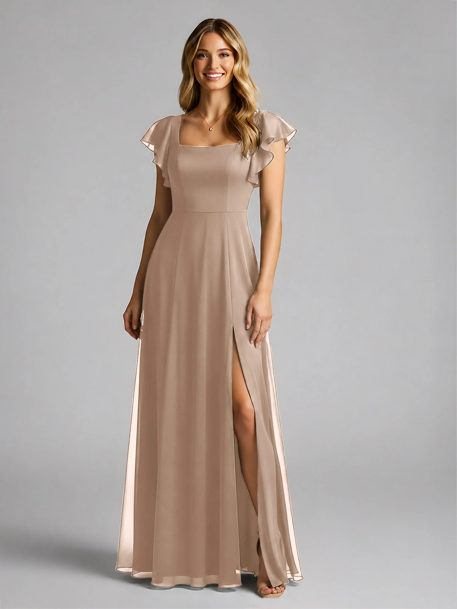 Chiffon Quadratischer Ausschnitt Flatterärmel Kleid mit Schlitz Taupe - Image 3